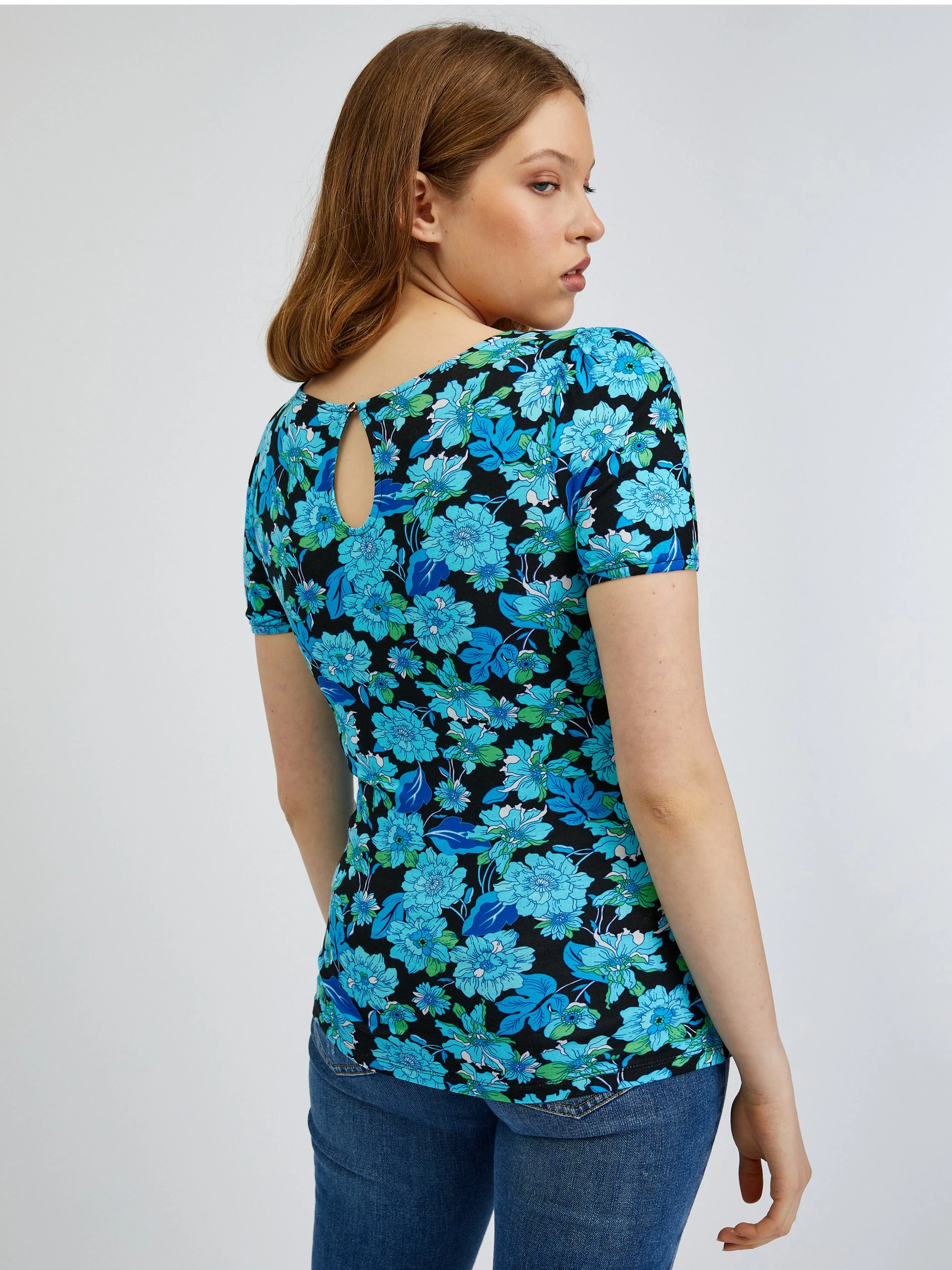 Blau-schwarzes Damen-Blumen-Shirt ORSAY