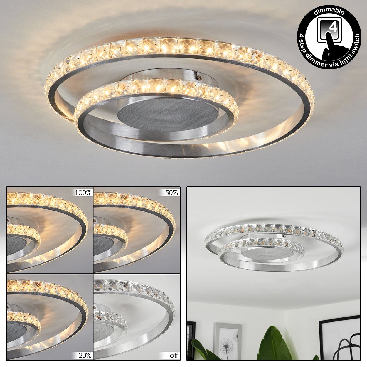 hofstein Deckenleuchte Paladon geschwungene Deckenlampe, Metall/Kunststoff, Aluminium/Klar, 3000 Kelvin, dimmbar über Lichtschalter, (38,5cm), LED 23,5 Watt, 1950 Lumen