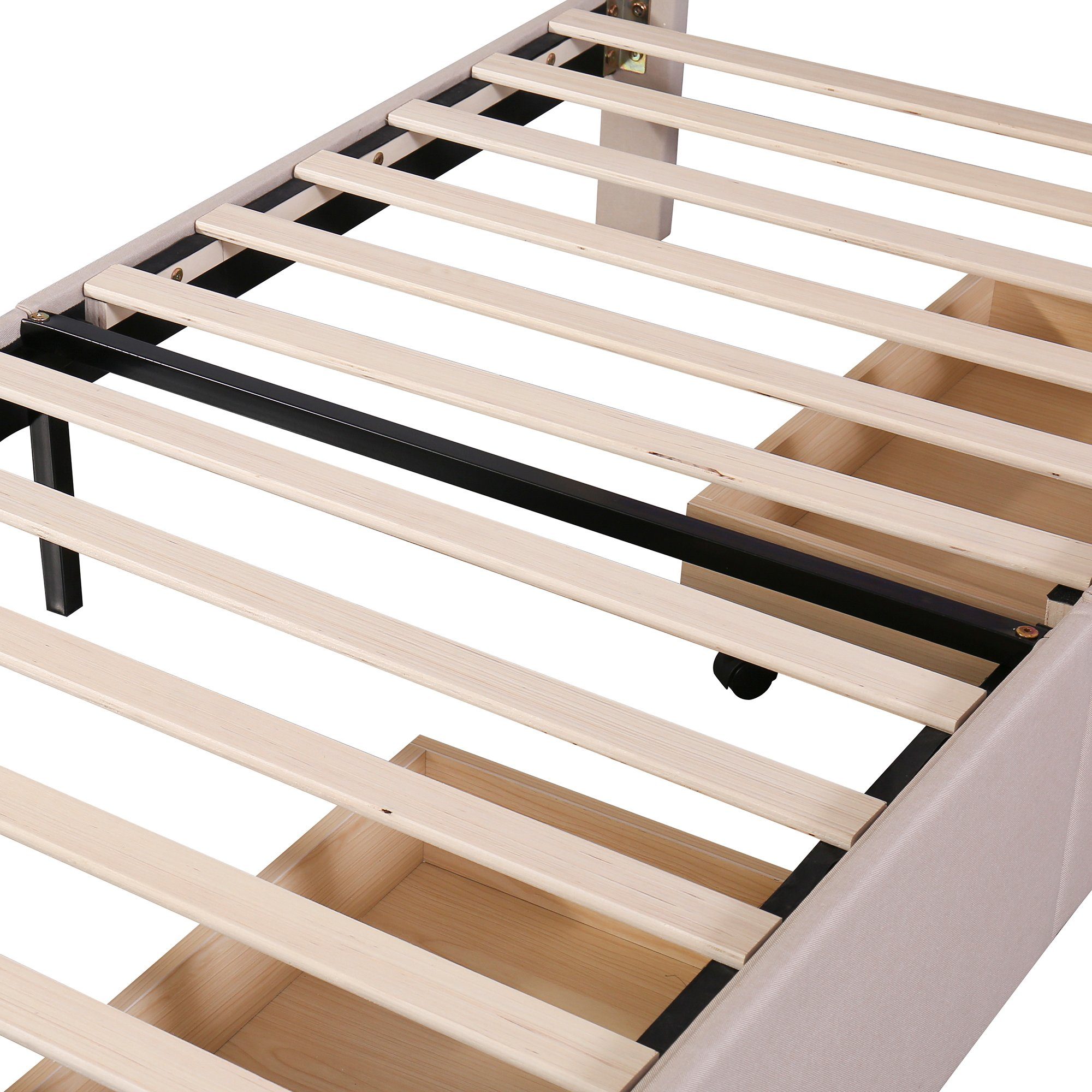 Flieks Polsterbett, LED Beleuchtung Einzelbett 2 Schubladen Leinen 90*200cm