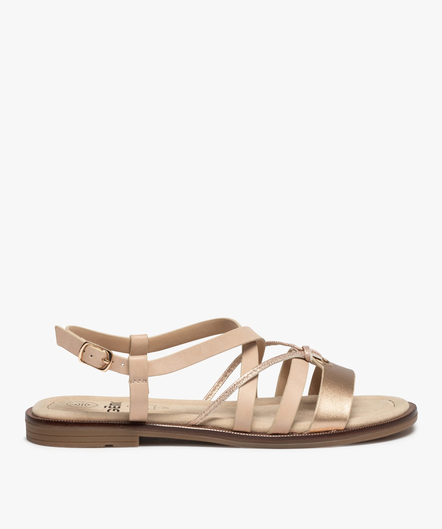 Sandales femme à talon plat et brides métallisées rose | GEMO