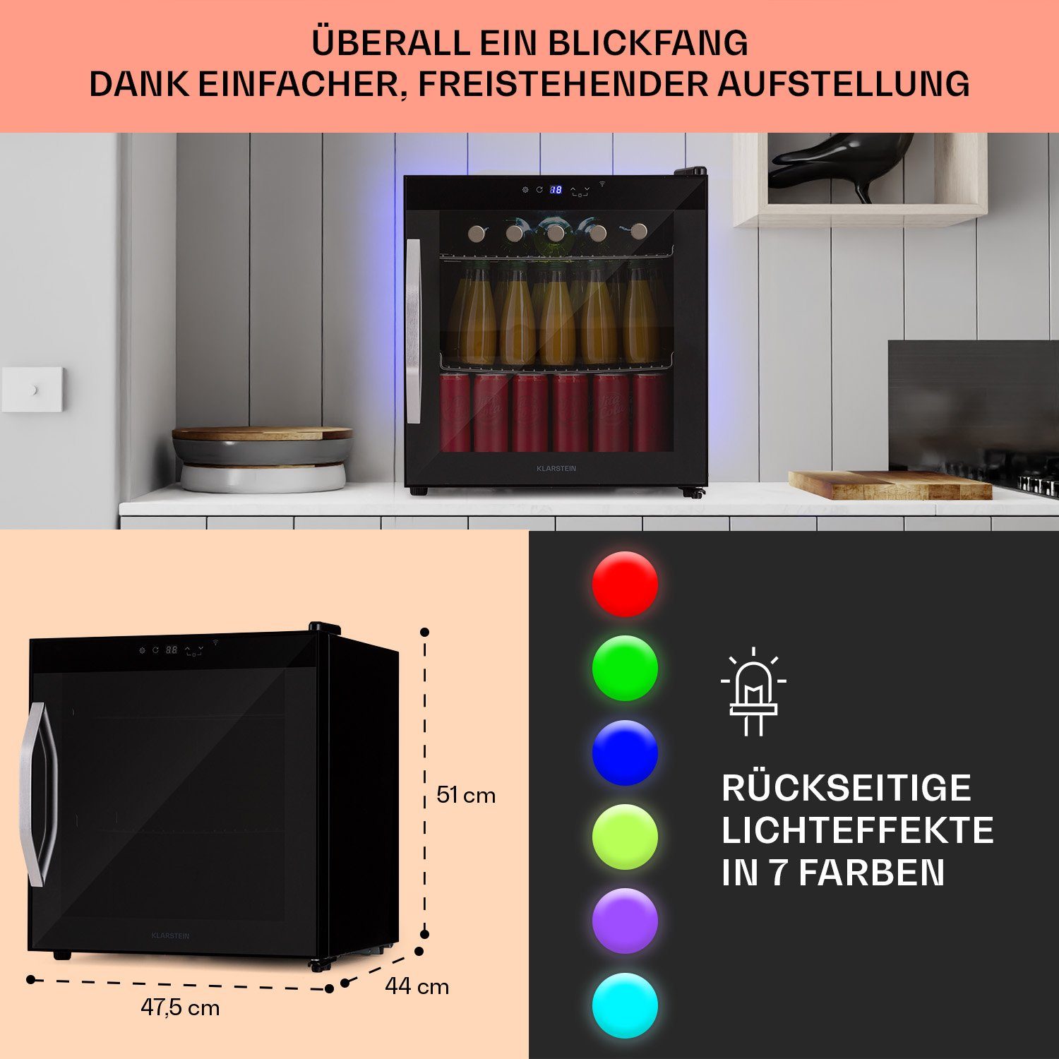 Klarstein Getränkekühlschrank HEA-Coachella50-OX 10034822A, 51 cm hoch, 47.5 cm breit, Bierkühlschrank Getränkekühlschrank Flaschenkühlschrank mit Glastür