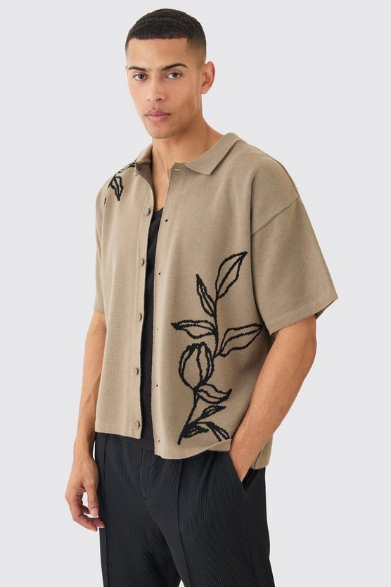 Kastiges florales Jacquard-Hemd in Taupe