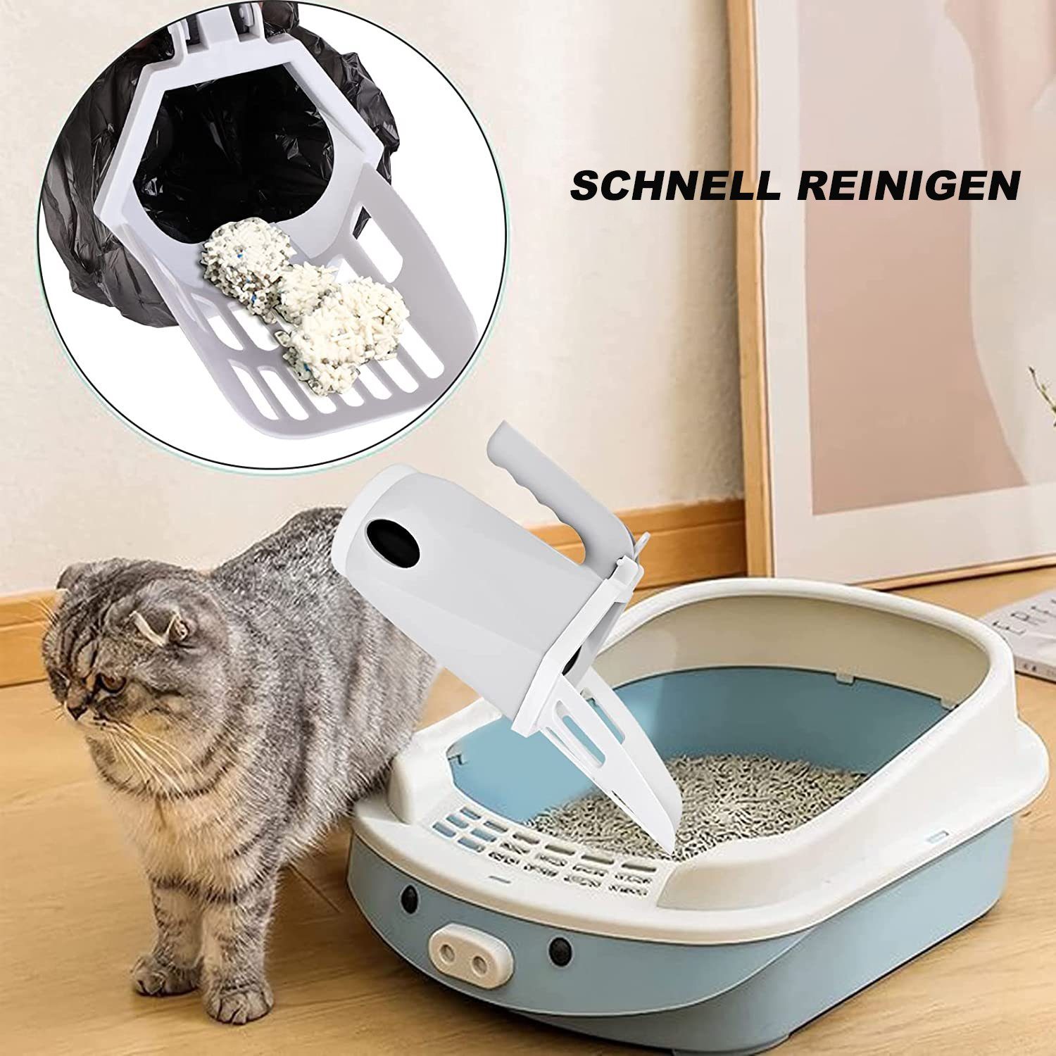 HUNKA Katzentoilette Katzenstreuschaufel, Katzenklo Schaufel 2 in 1, Streuschaufel mit Behälter,mit 10 Rollen Abfallsäcken