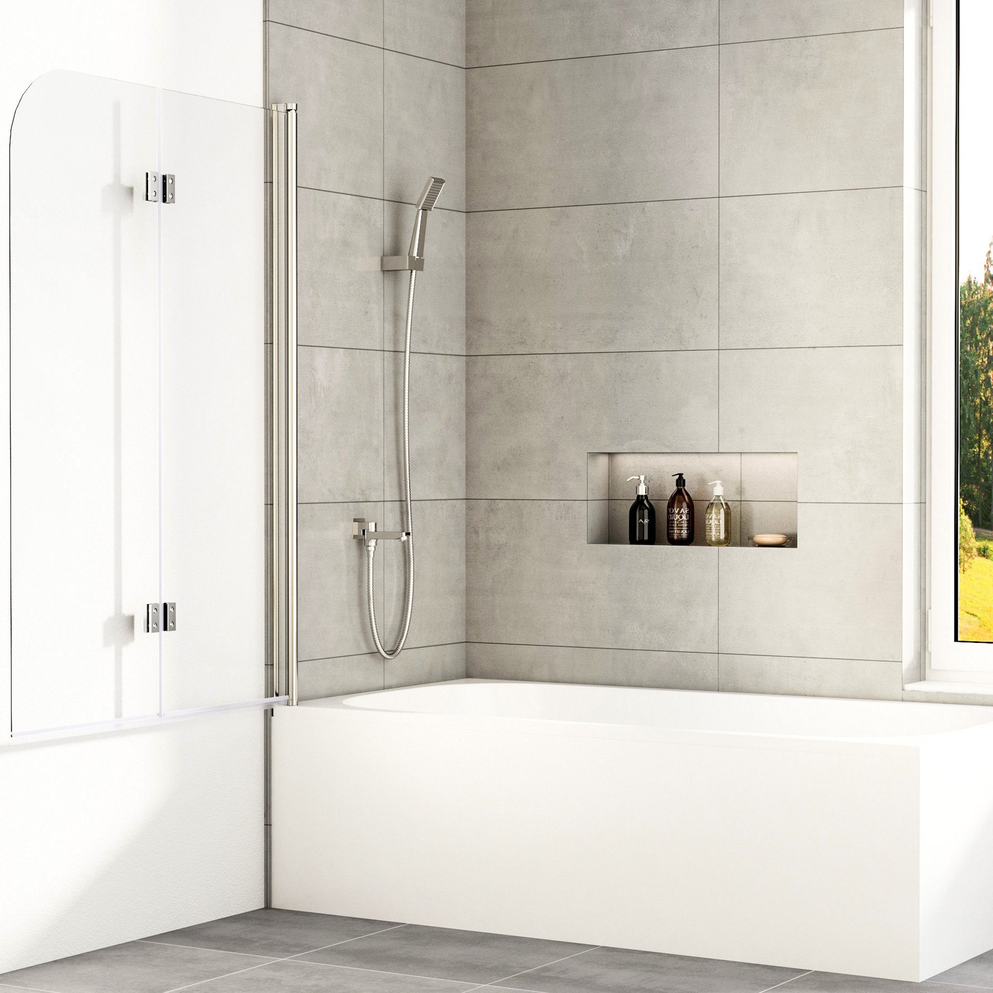 Boromal Badewannenaufsatz Duschtrennwand Badewanne Faltbar 120x140cm Duschwand Klappbar 2/ 3-tlg, (Klarglas /Teilsatiniert glas), Badewannenfaltwand Glaswand 6mm ESG Glas