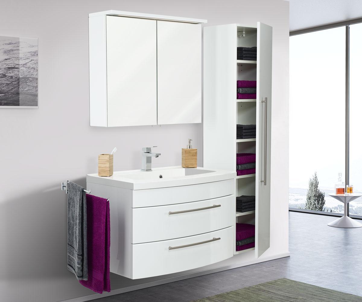 Posseik Badmöbelset Luna 80 mit runder Front Spiegelschrank LED Hochschrank weiss hg EEK: F