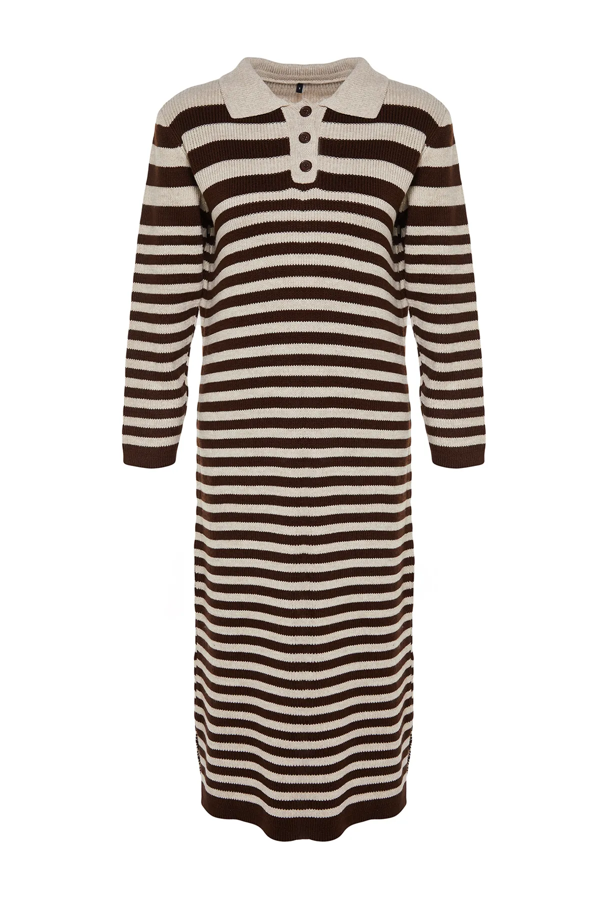 Trendyol Modest  Braunes gestreiftes Strickkleid mit Polokragen TCTAW24EB00026