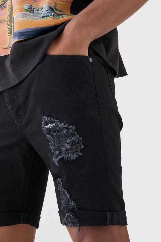 Schwarz zerrissene Skinny Stretch Jeansshorts