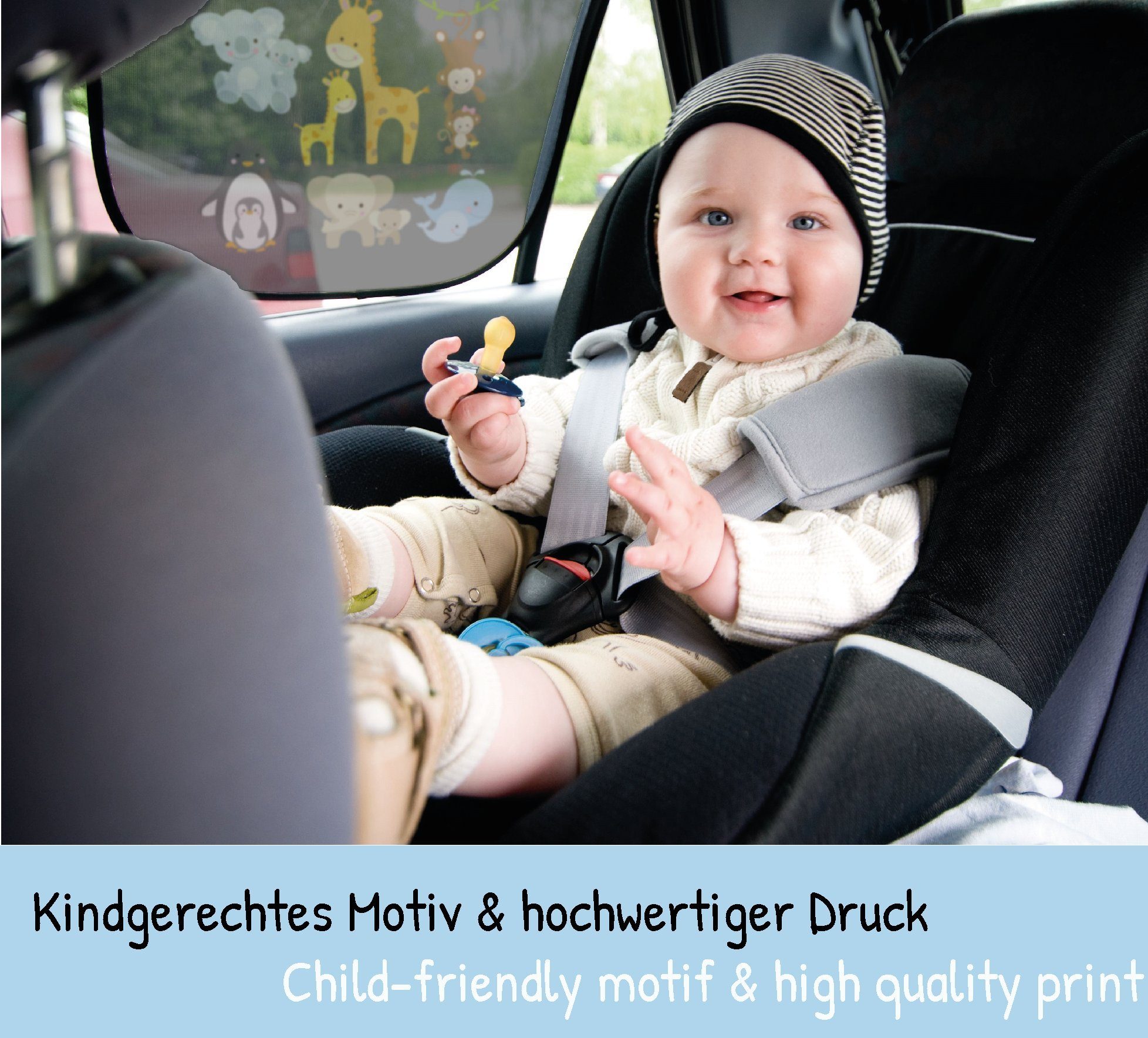 Sonnenschutz 2x Auto Sonnenblende mit 8 Saugnäpfen - Baby Tiere mit Mama, HECKBO