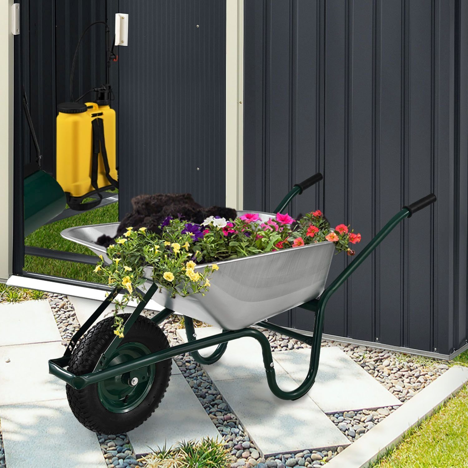 Juskys Schubkarre Garden, 100L, bis 210 kg, Luftreifen, verzinkte Wanne, inkl. Handschuhe
