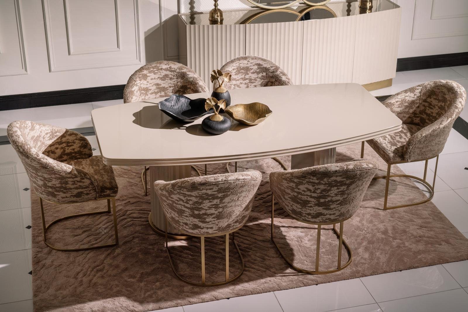 JVmoebel Esszimmer-Set Essgruppe Essecke Esstisch Stühle Set 9tlg Esszimmer Beige Holz Luxus, (9-St., 1x Esstisch+6x Stühle+1x Sideboard+1x Spiegel), Made in Europa