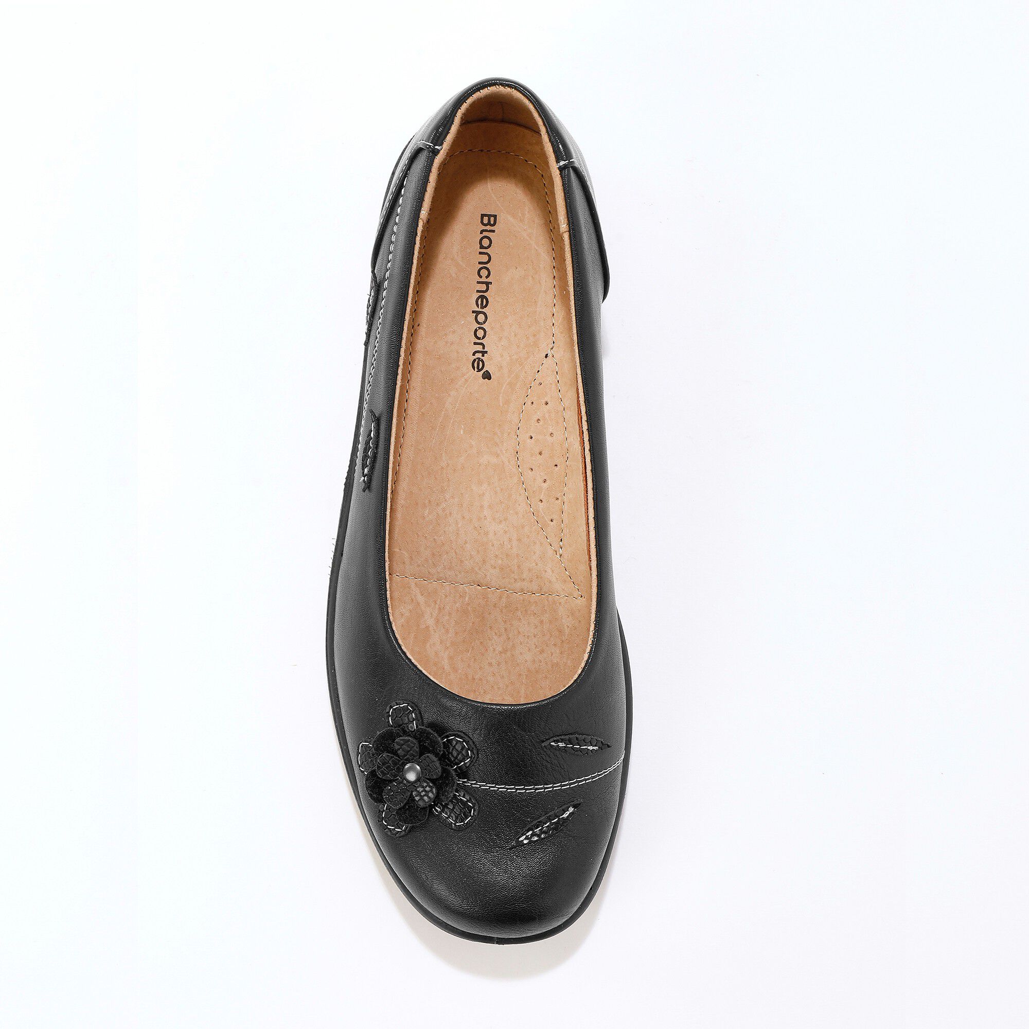Ballerines en cuir à fleur appliquée largeur confort