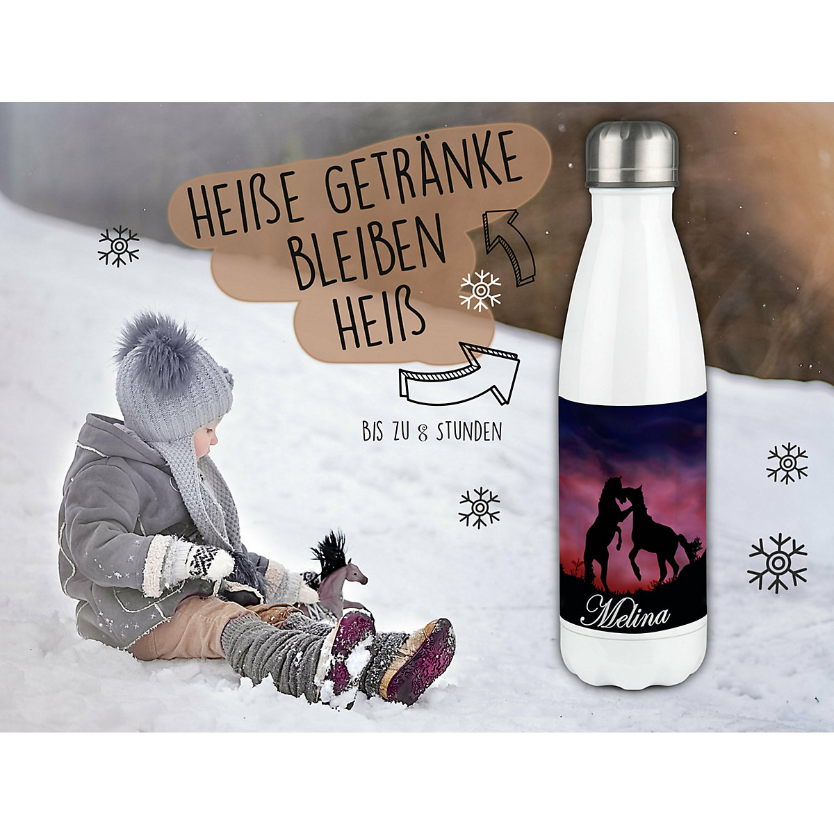 Edelstahl Kinder Thermoflasche / Trinkflasche bunt Pferde Spülmaschinenfest, Auslaufsicher, Bruchfest, Doppelwandig, Für Heißgetränke geeignet, Mit Deckel, Isoliert