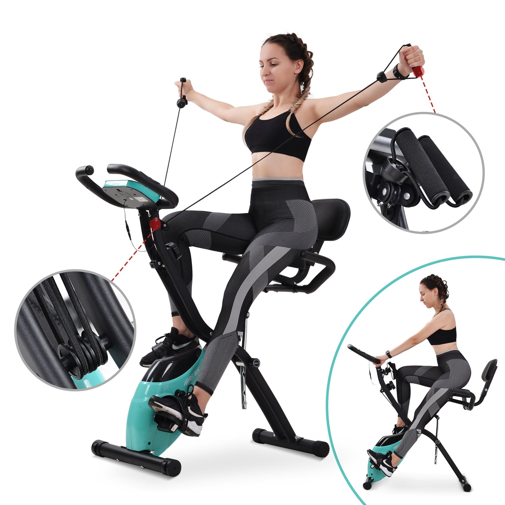 Merax Heimtrainer 3-in-1 X-bike Fitnessgeräte mit 10 Widerstandsstufen, mit Expanderbändern & Handpulssensoren