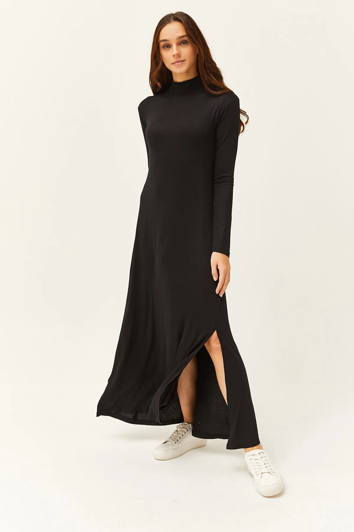 Olalook  Schwarzes halblanges Fisherman-Lycra-Midi-Viskosekleid mit Schlitz für Damen ELB-19001989