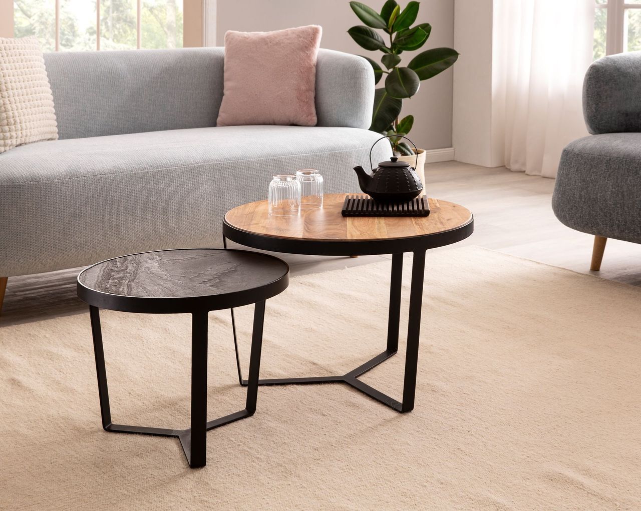 Wohnling Couchtisch 2er Set Rund Holz / Steinoptik Wohnzimmertisch Satztisch