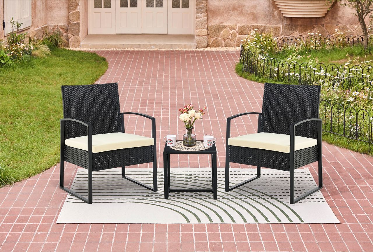 Happy Home Happy Home Casual-Set 3 tlg. Balkonset Sitzgruppe HGS44-BEI schwarzes Rattan mit Sitzkissen in beige