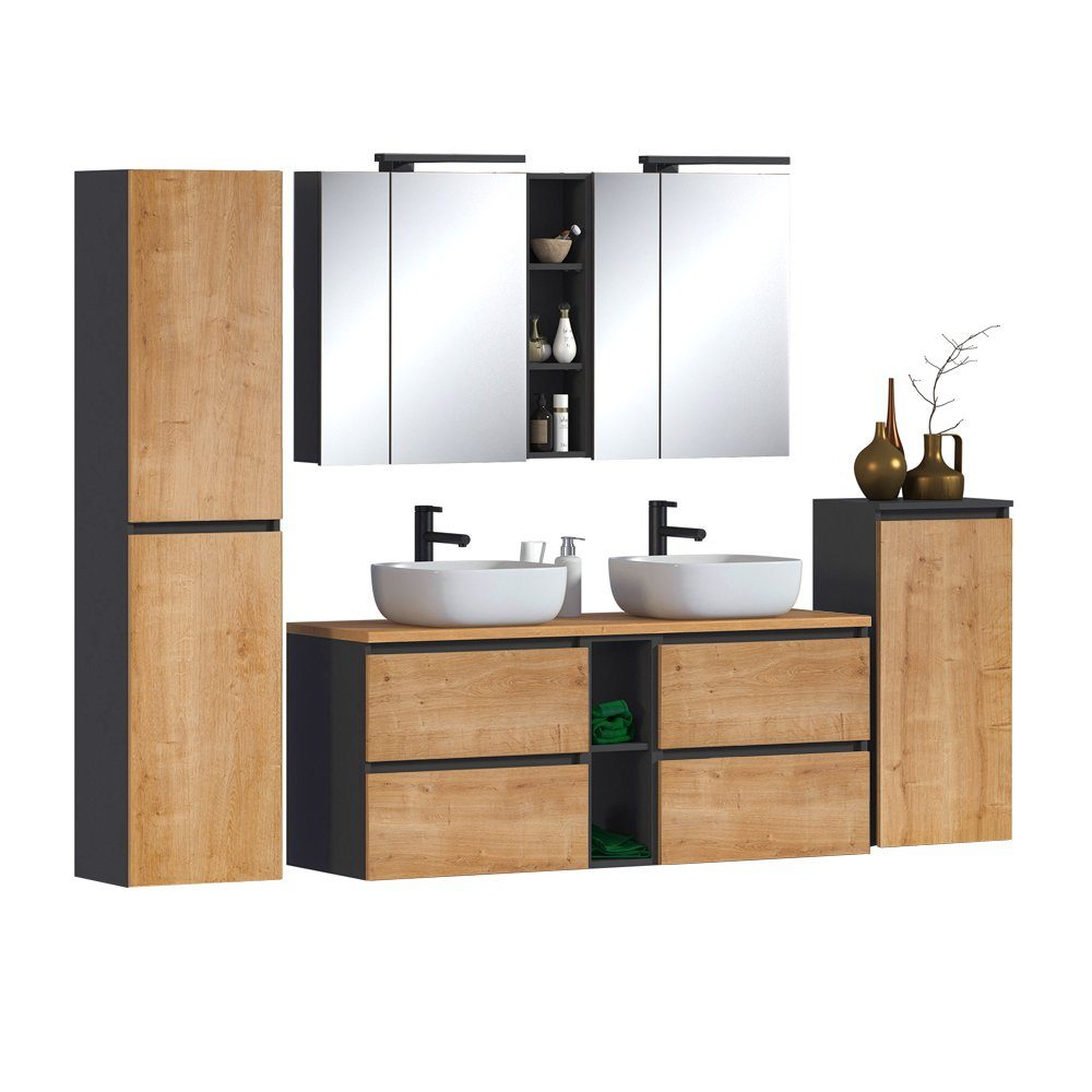 Lomadox Badmöbel-Set MODENA-56, Hamilton Eiche Nb. 140/59,5/46 cm