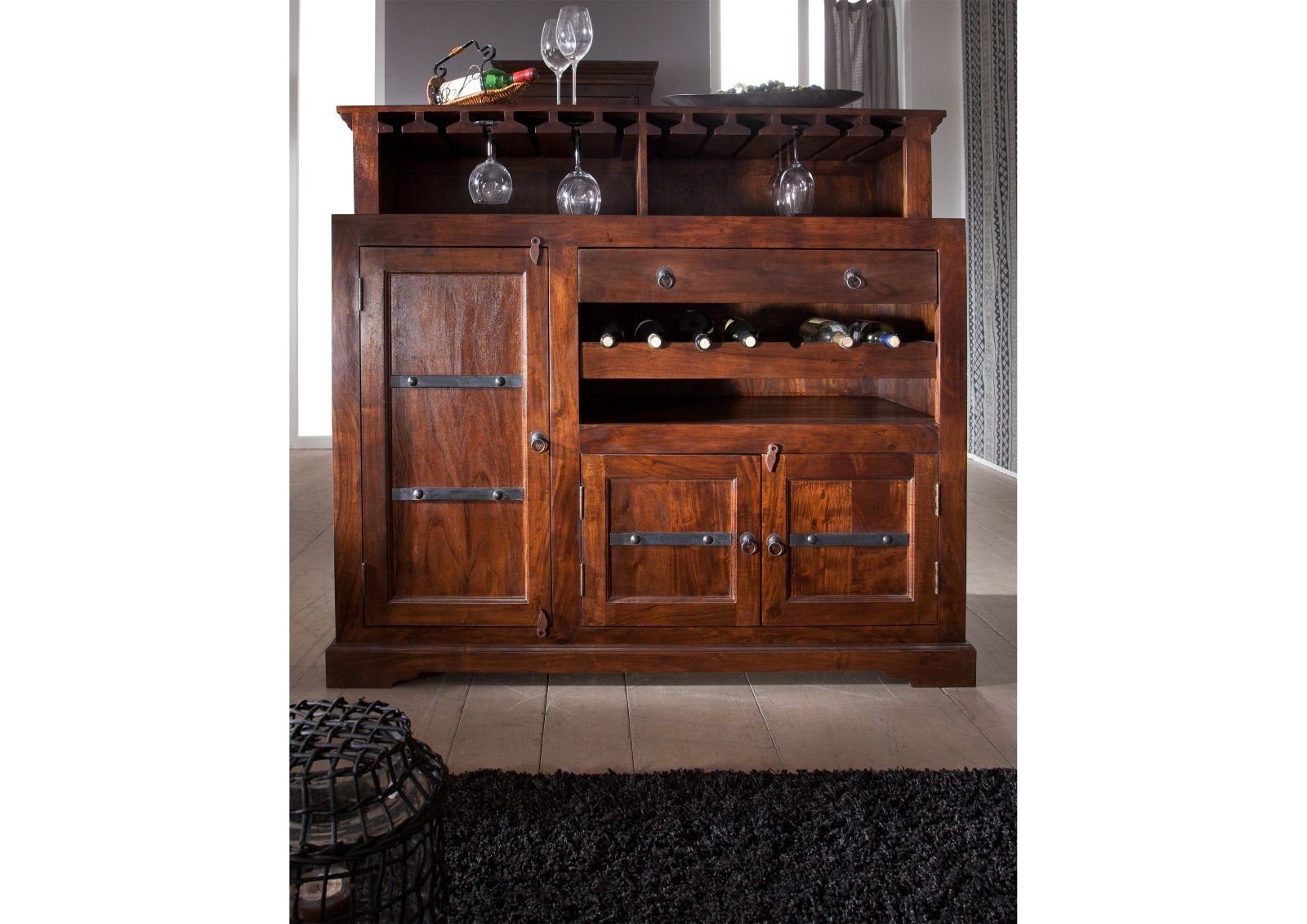 Massivmoebel24 Barschrank Bar Akazie 140x66x125 nougat lackiert OXFORD #903