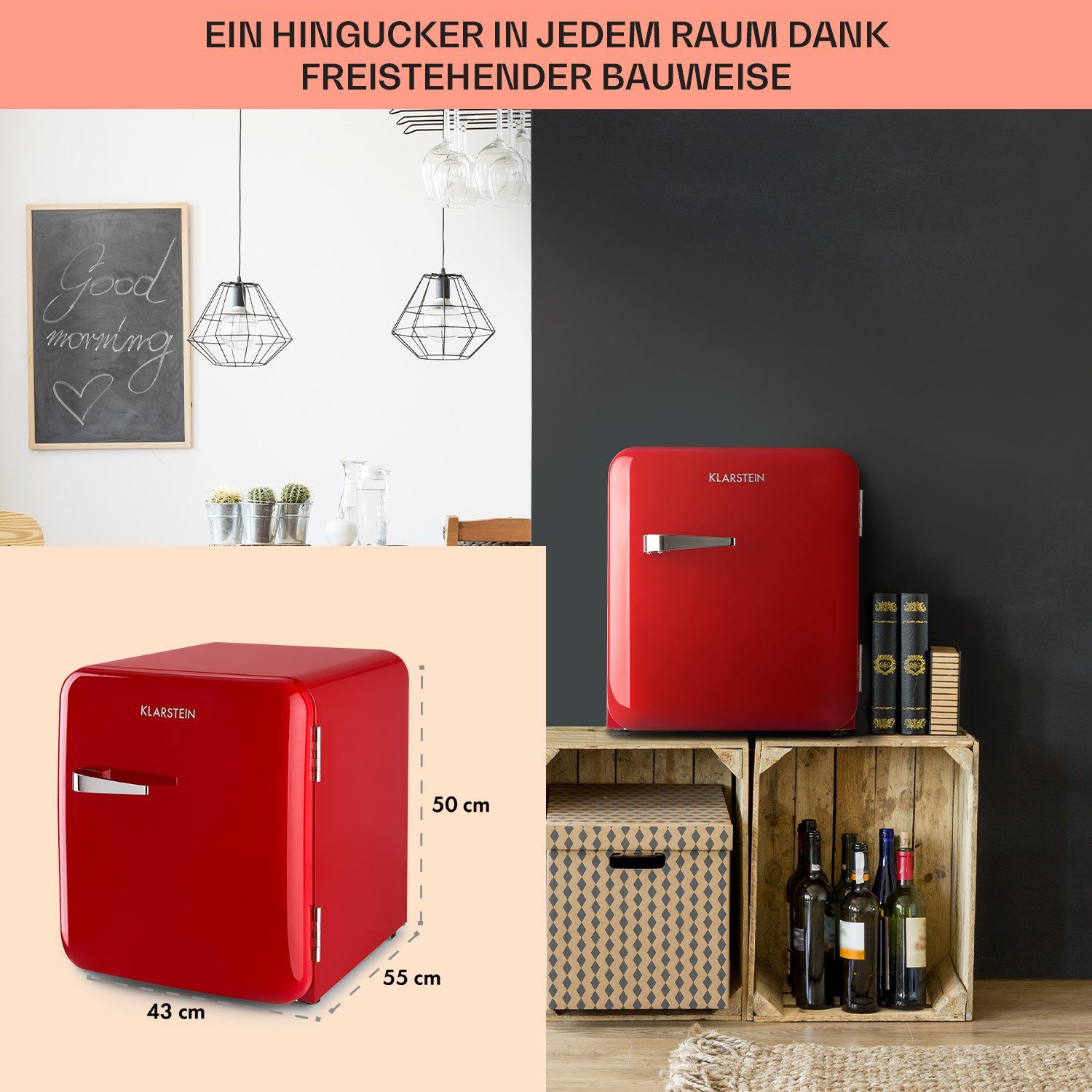 Klarstein Table Top Kühlschrank HEA13-Audrey-rot 10035311A, 50 cm hoch, 44 cm breit, Hausbar Minikühlschrank mit Gefrierfach Getränkekühlschrank klein