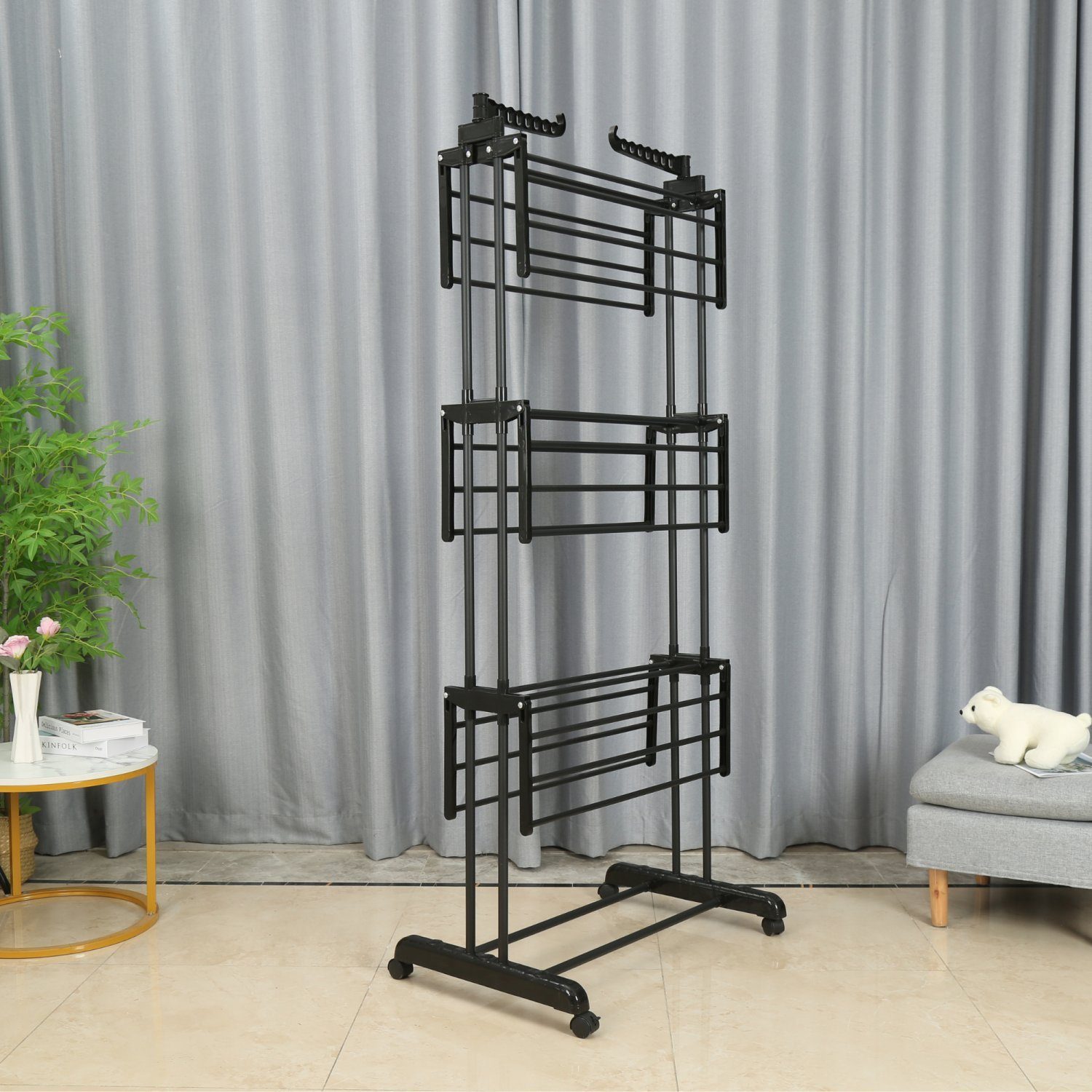 NYVI Turmwäscheständer Wäscheständer Turm LaundryFlex Turmwäscheständer Extra Groß & Stabil, Robuster Edelstahl Platzsparend Einklappbar 360° Räder 50Kg Tragkraft