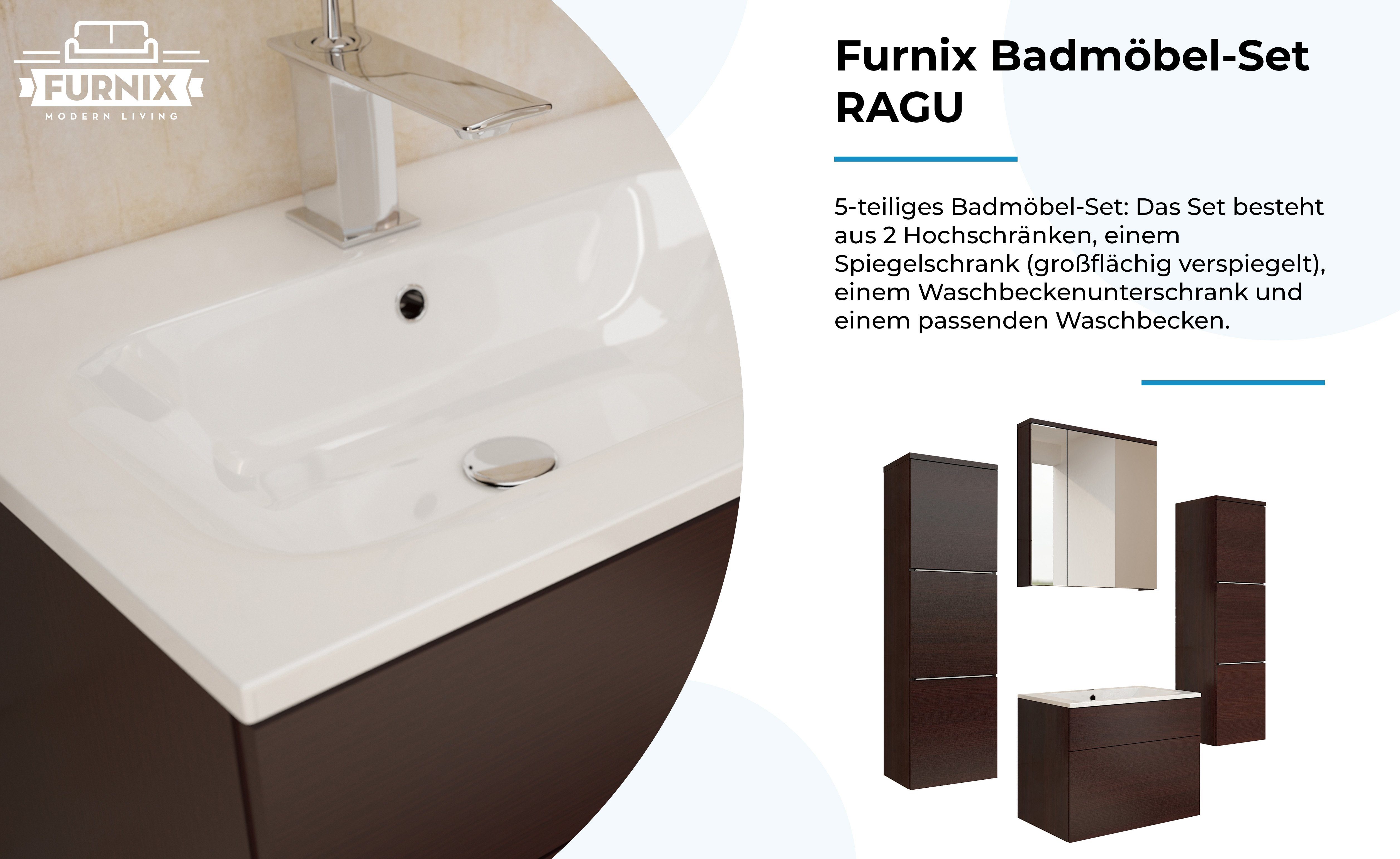 Furnix Badmöbel-Set RAGU 5-teilig, 4 Hängeschränke Push&Click + Waschbecken Auswahl, modern