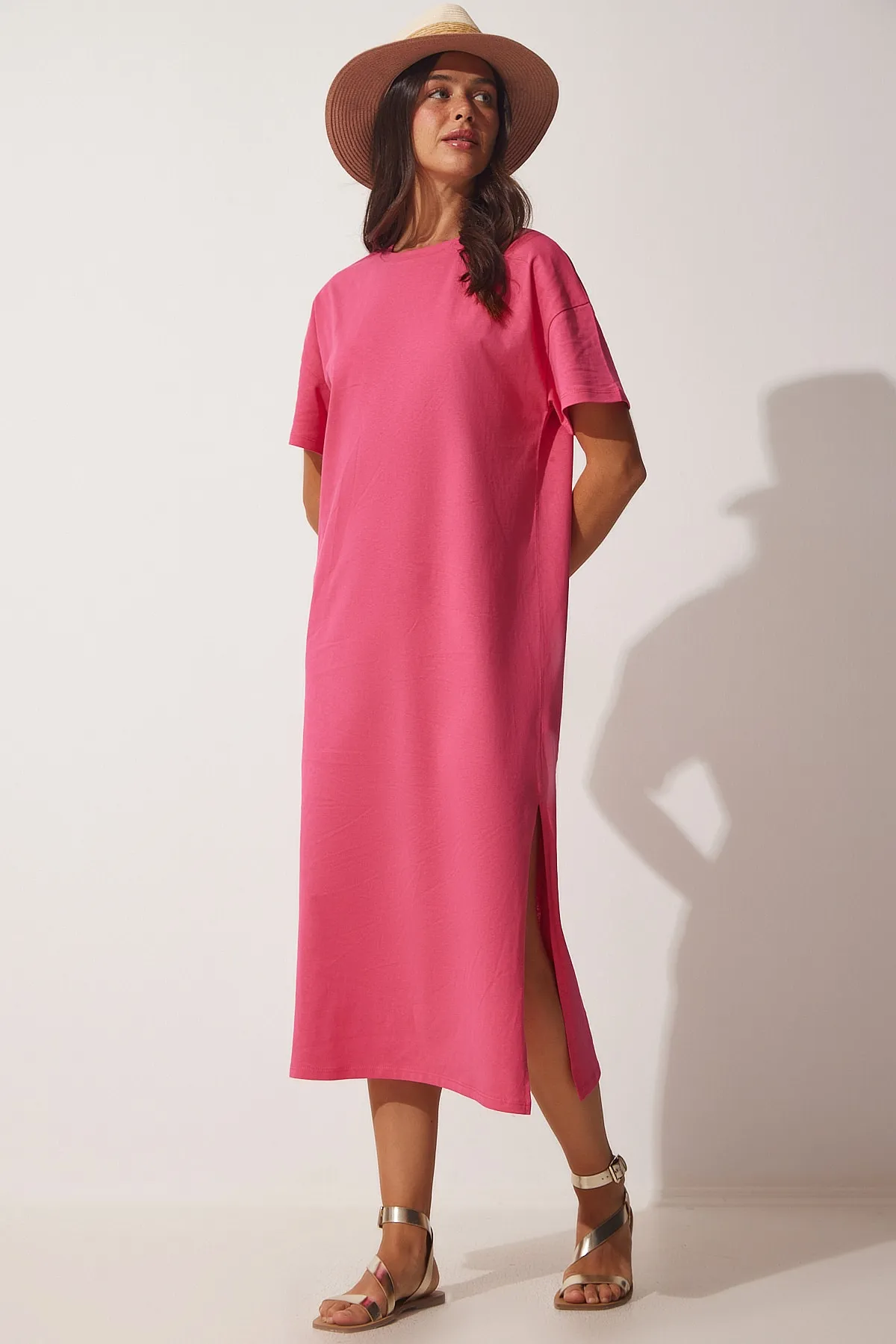 Happiness İstanbul  Damen-Sommerkleid aus gekämmter Baumwolle in Rosa aus Baumwolle UB00080