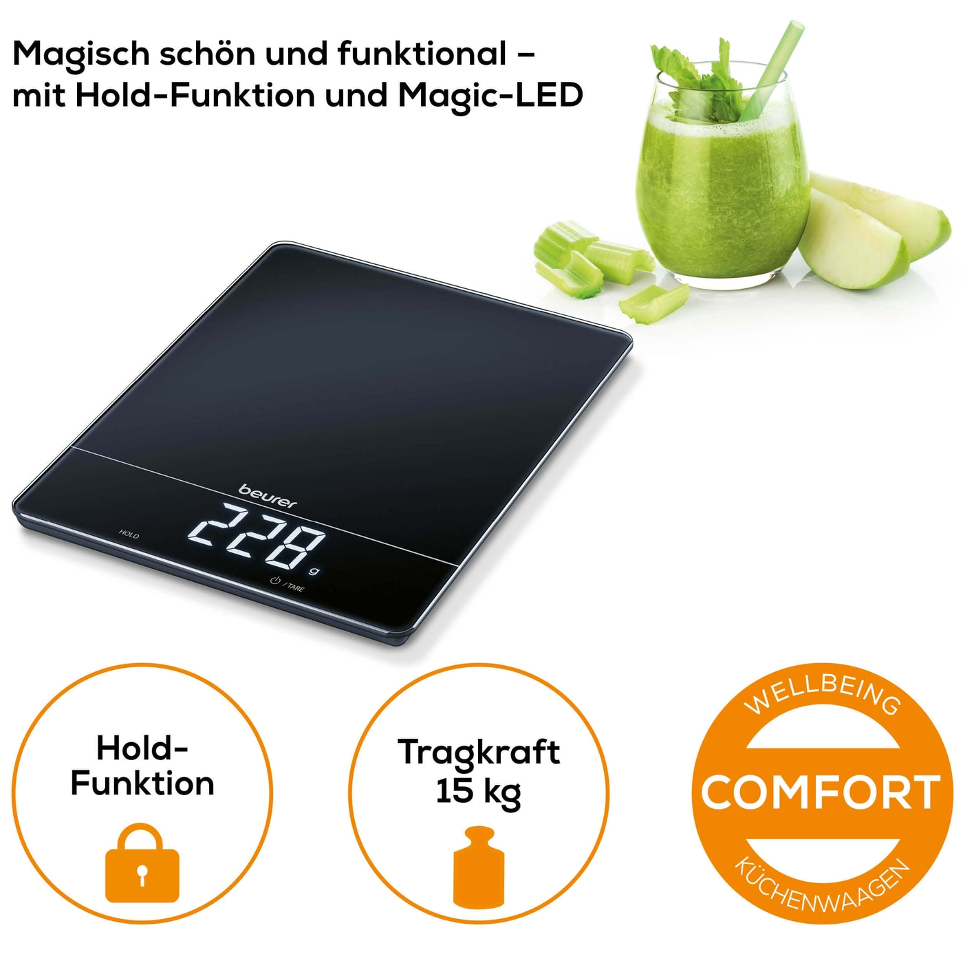 Beurer Küchenwaage KS 34-Edle Küchenwaage mit Glasoberfläche & Magic-Display - bis 15 kg