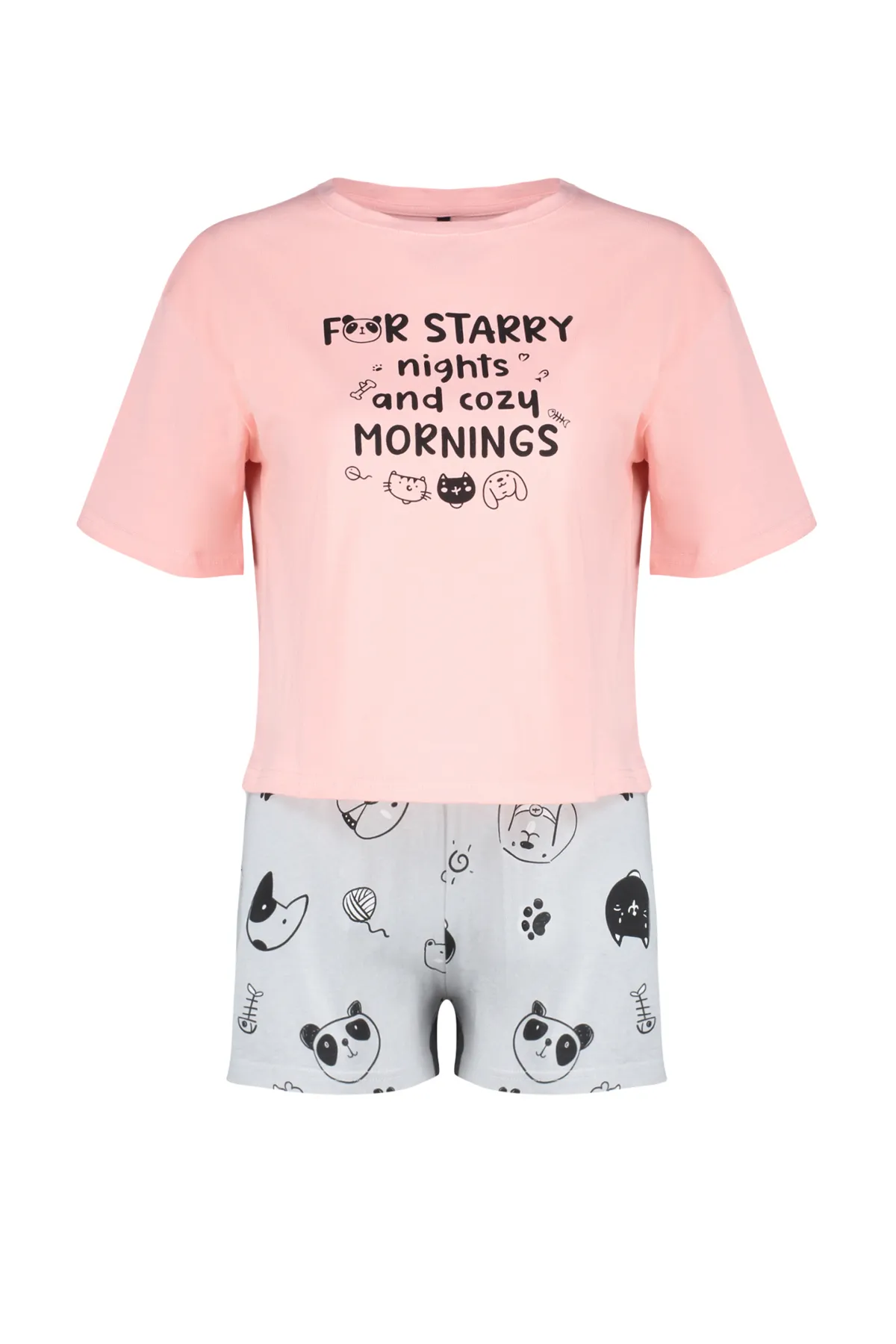 Trendyol Collection  Rosa-graues Strickpyjama-Set aus 100 % Baumwolle mit Slogan-Aufdruck THMSS24PT00020