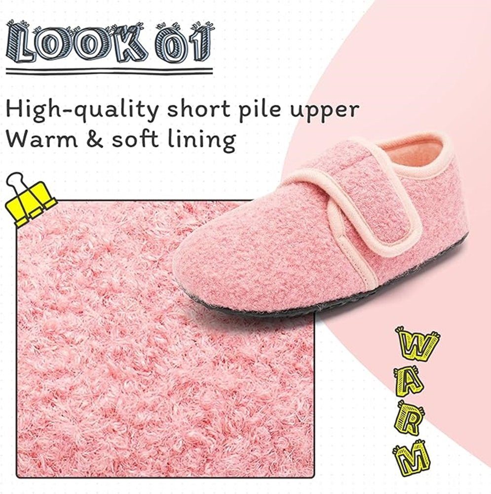 IceUnicorn Kinder-Hausschuhe - Wärmende, rutschfeste Slipper, Klettverschluss Hausschuh (1Paar Kinderhauschuhe, herausnehmbare waschbare Innensohle, rutschhemmende Sohle) Rutschfeste Gummisohle für sicheren Halt