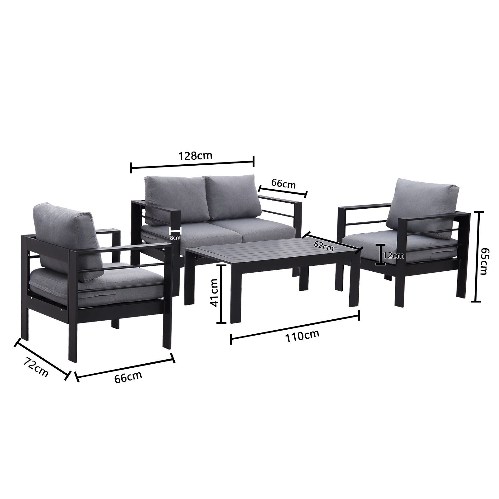MeXo Gartenlounge-Set Aluminium Gartenmöbel Set, (Balkonmöbel, 4-tlg., Sitzgruppe mit 2-Sitzer-Sofa, 2 Sessel, Tisch), Terrassenmöbel Set Lounge für 4 Personen