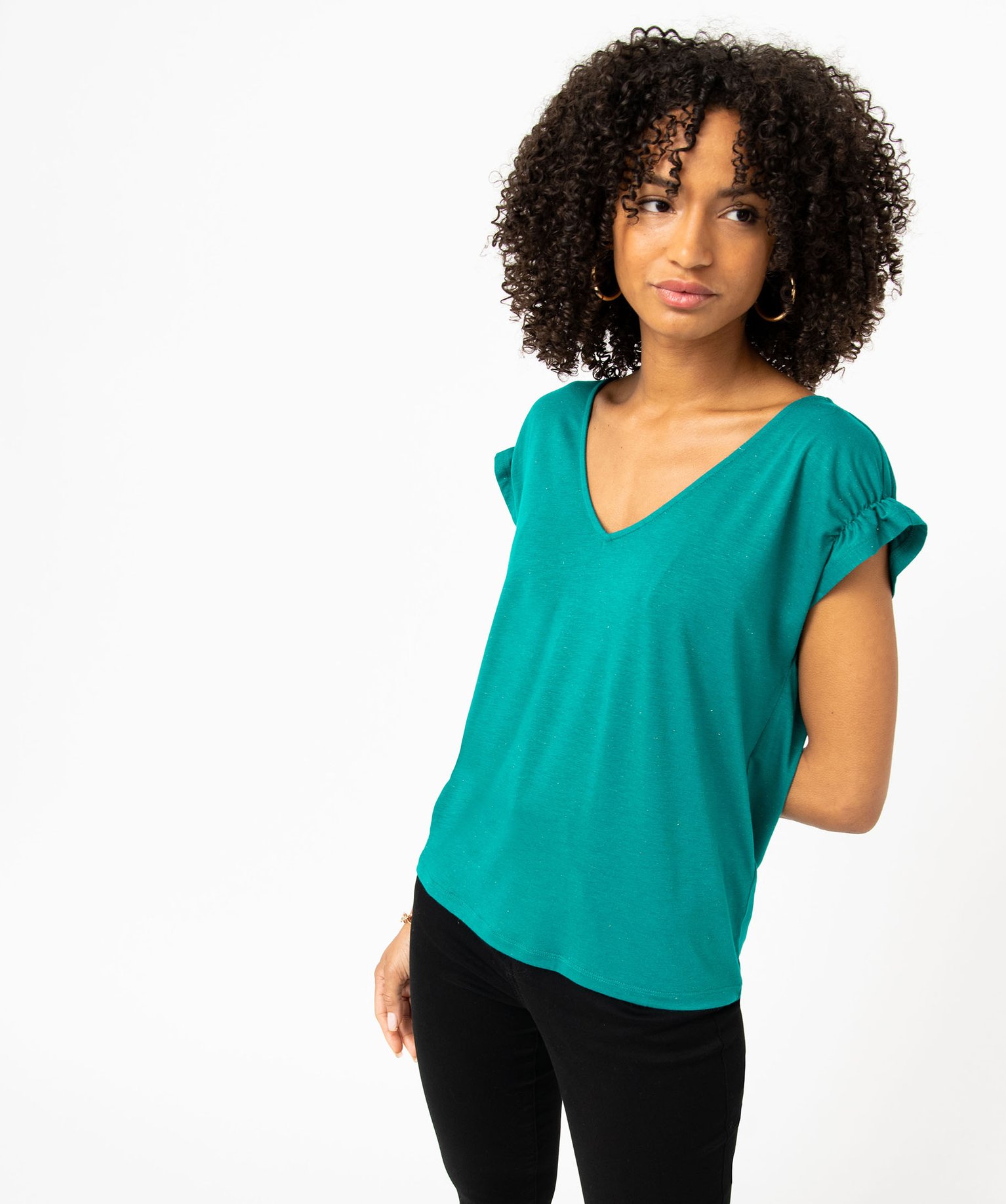 Tee-shirt femme à manches courtes froncées et col V bleu | GEMO