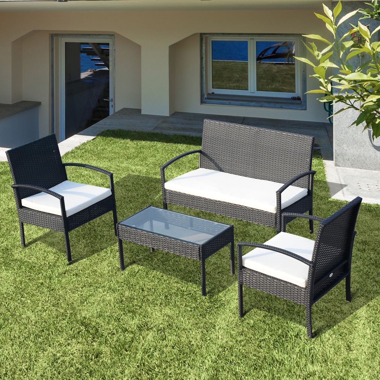 Outsunny Polyrattan Sitzgruppe Garnitur Lounge Sofa Gartenset 7 tlg. mit Kissen, Schwarz