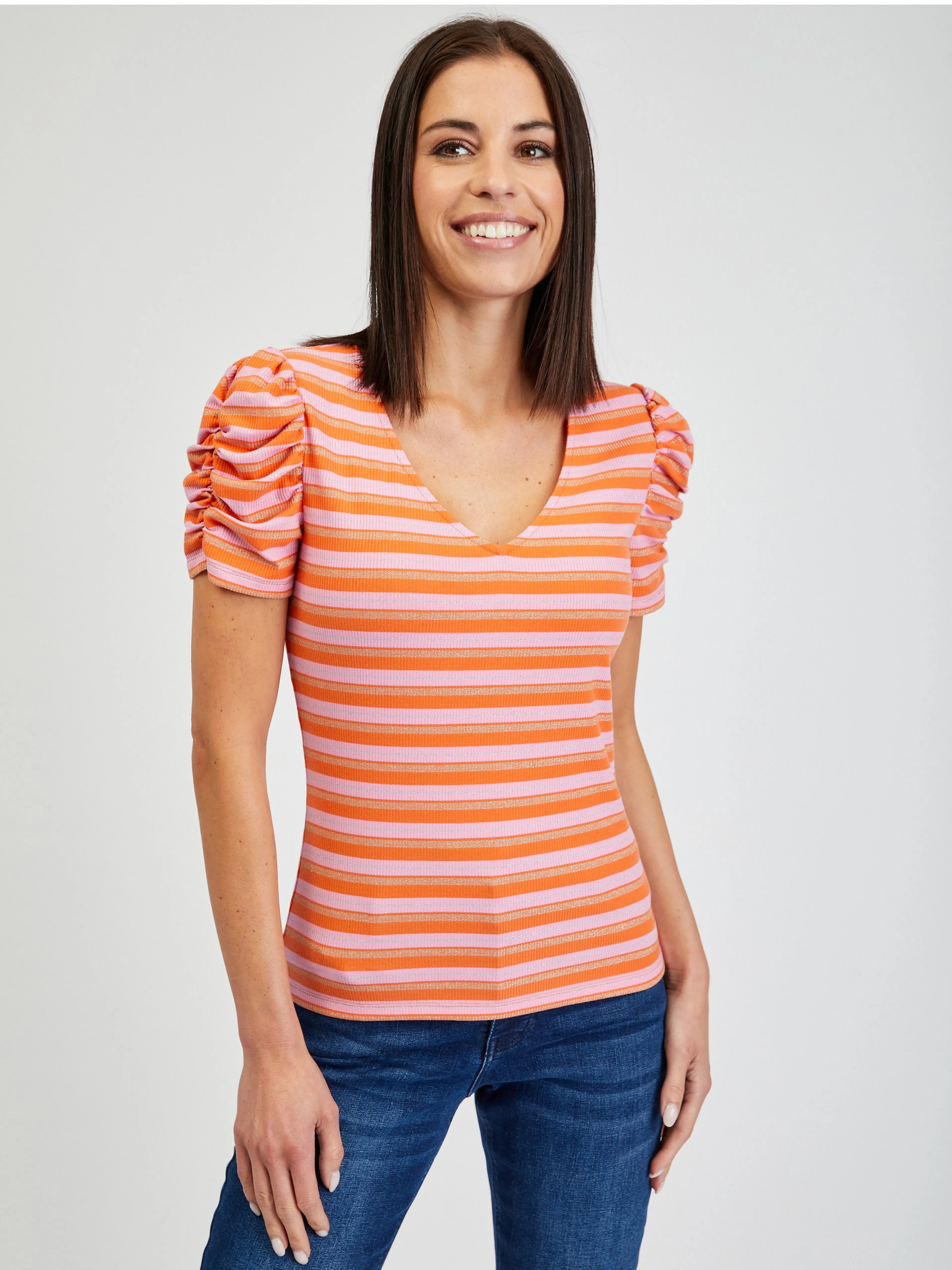 Rosa und orange gestreiftes Damen-T-Shirt ORSAY