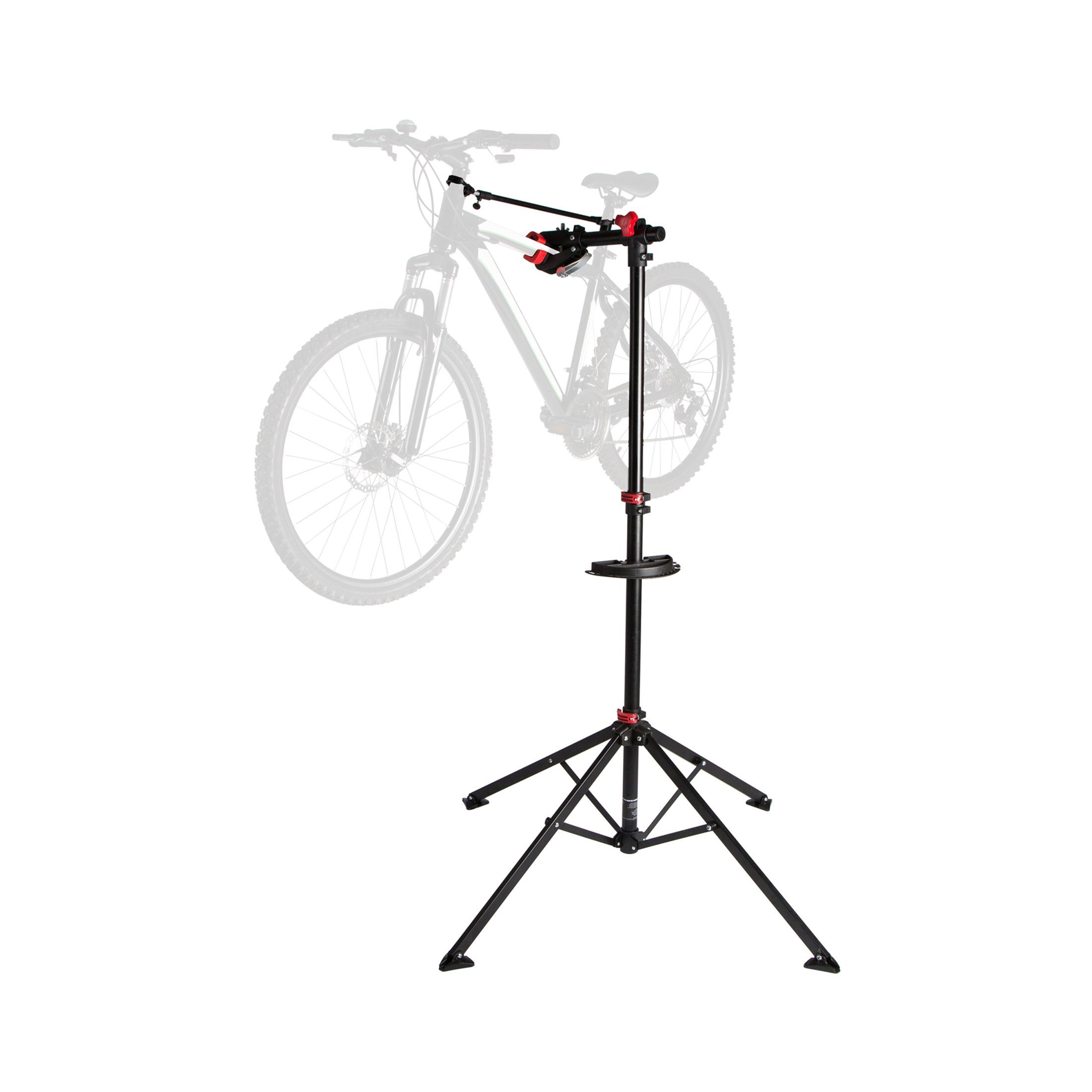 Zoomyo Fahrrad-Montageständer Fahrradmontageständer (Semi-Profi, MTB E-Bike Ständer, für Fahrräder bis 30 kg, Fahrrad Reparatur Ständer), mit Werkzeugschale und Teleskoparm, schnell aufzubauen