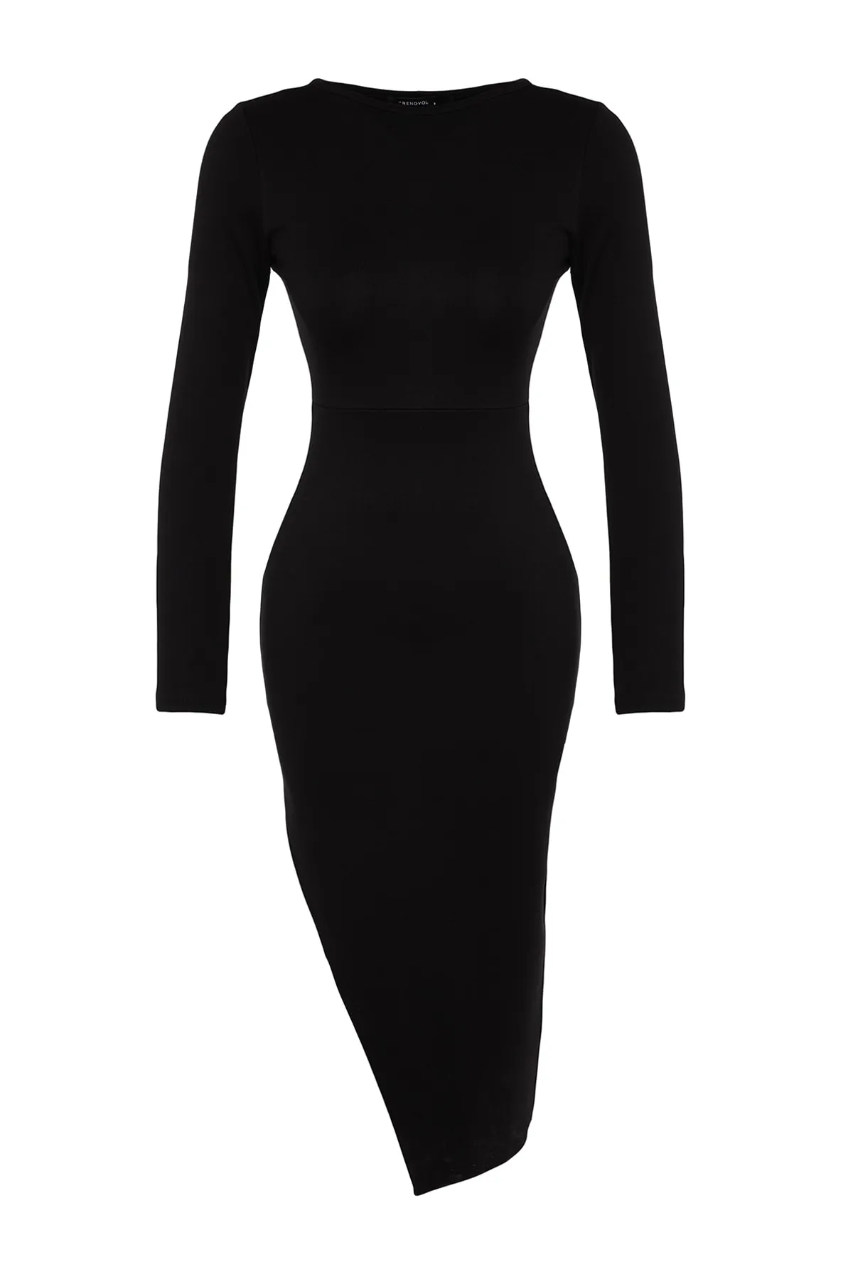 Trendyol Collection  Schwarzes, figurbetontes Midi-Strickkleid mit tiefem Schlitz und Rundhalsausschnitt TWOAW24EL00549