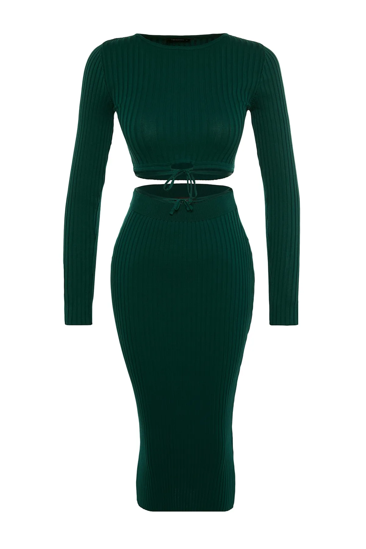 Trendyol Collection  Grünes Super Crop Strickoberteil und -unterteil-Set mit Krawatte und Rock TWOAW22EL0543
