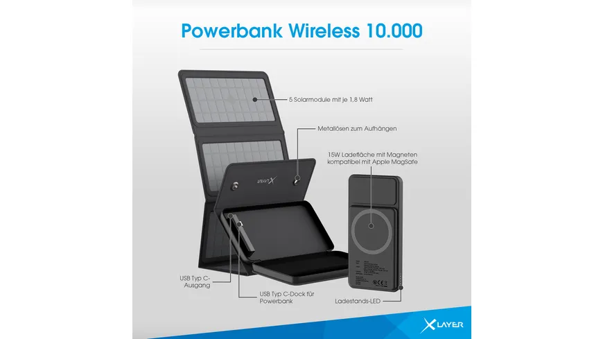 XLayer Powerbank 15W Wireless 10.000 mAh mit 2-in-1 Solarpanel Black
