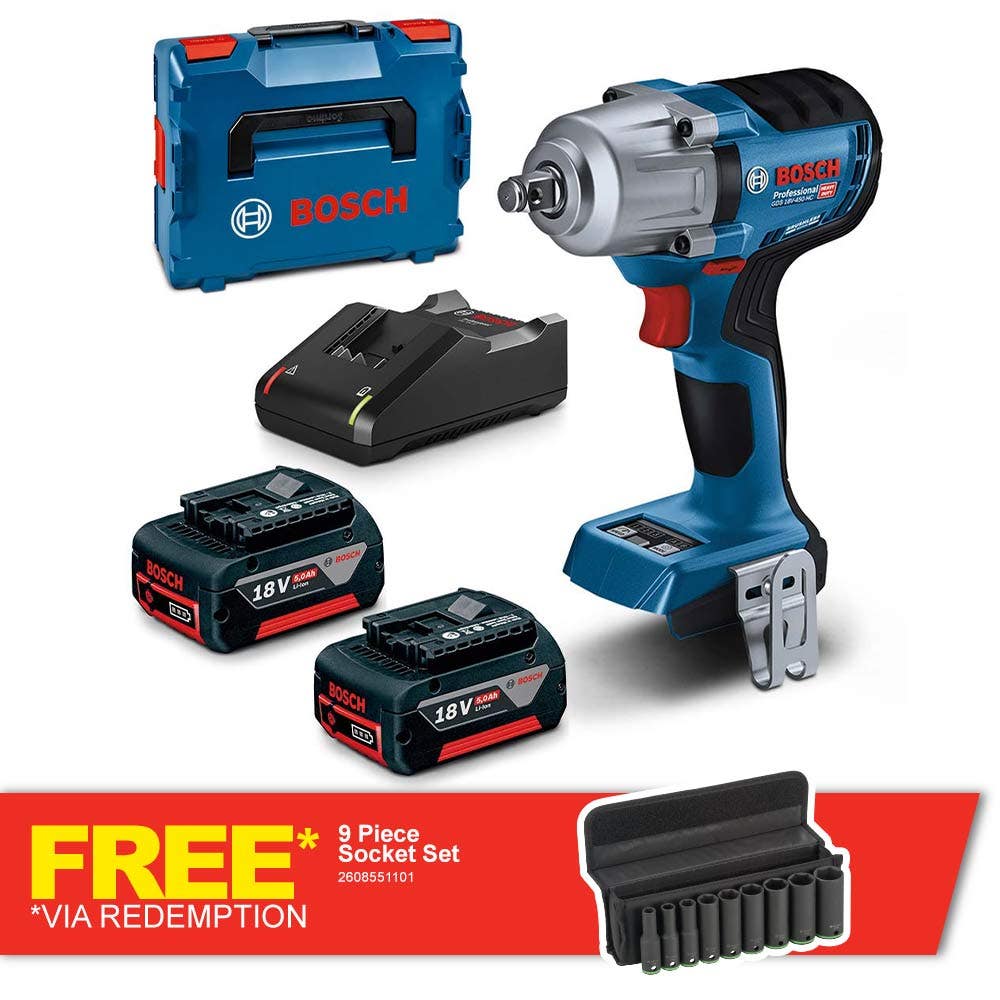 Conjunto de Chaves de Impacto sem Escova BOSCH 18V 2 x 5.0 Ah 1/2 polegada GDS 18 V-450 HC 06019K4041