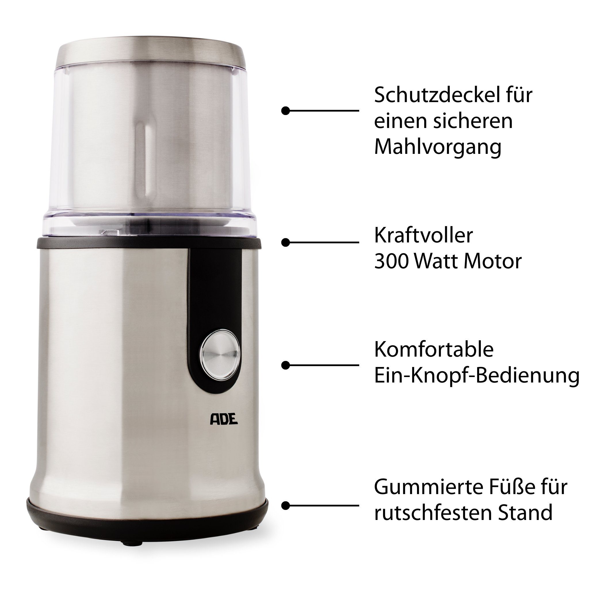 ADE Kaffeemühle Elektrische Kaffeemühle mit 2 Mahlbehältern für Kaffee, Kräuter, Pesto, 300 W, Schlagmesser, 80,00 g Bohnenbehälter, stufenloser Mahlgrad, scharfe Edelstahlklingen, starker Motor