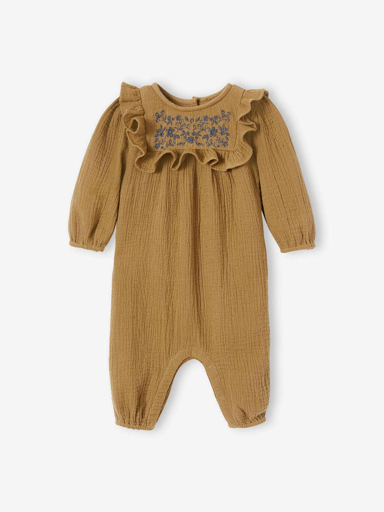 Combinaison brodée en gaze de coton bébé olive