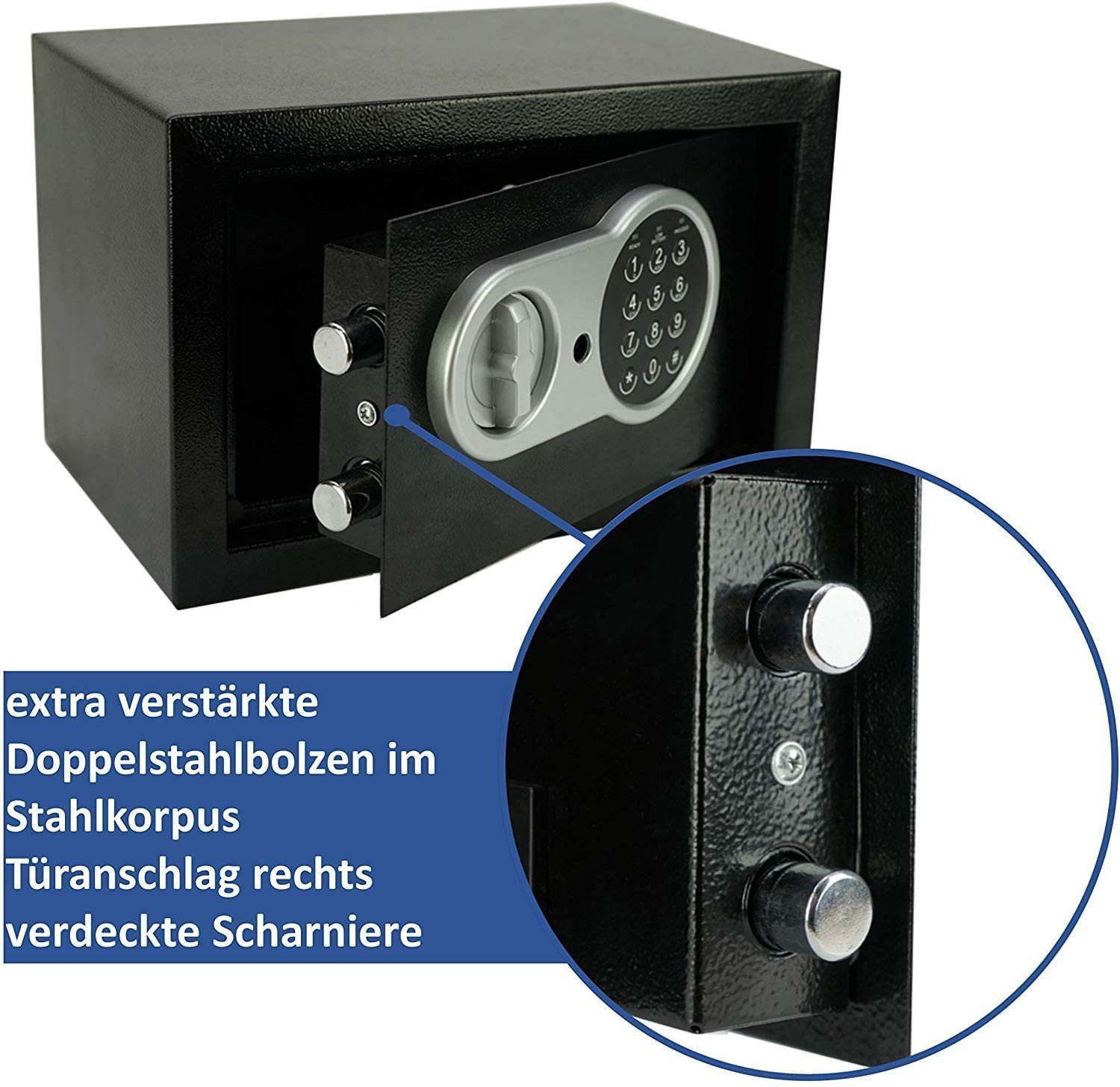 JUNG Tresor Safe elektronisch, Möbeltresor Zahlenschloß + 2 Schlüssel, Tresor (klein, kompakt, tragbar, einbaubar, Doppelstahlbolzen Sicherheitsbox für Hotel, Büro und Heim), Hotel, Wandtresor, Schrank, Safe Box Geld, Tresor für zu Hause, Code