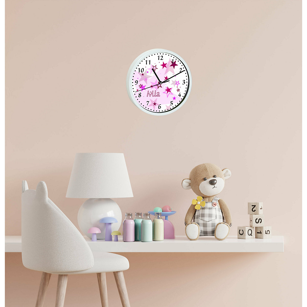 Kinder Wanduhr personalisiert mit Name Sternenhimmel Rosa