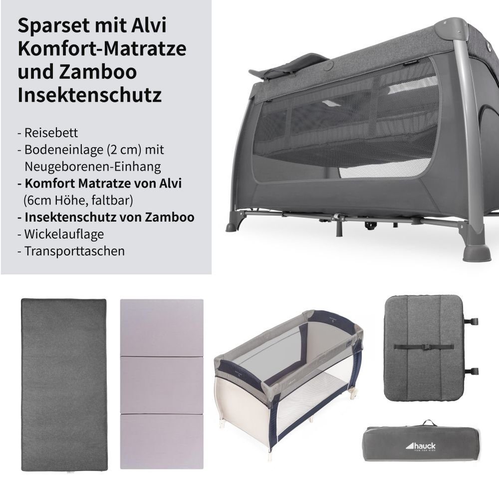 Hauck Baby-Reisebett Play'n Relax Center - Melange Charcoal, 7-tlg., Kinderreisebett mit Matratze, Insektenschutz, Wickelauflage - faltbar