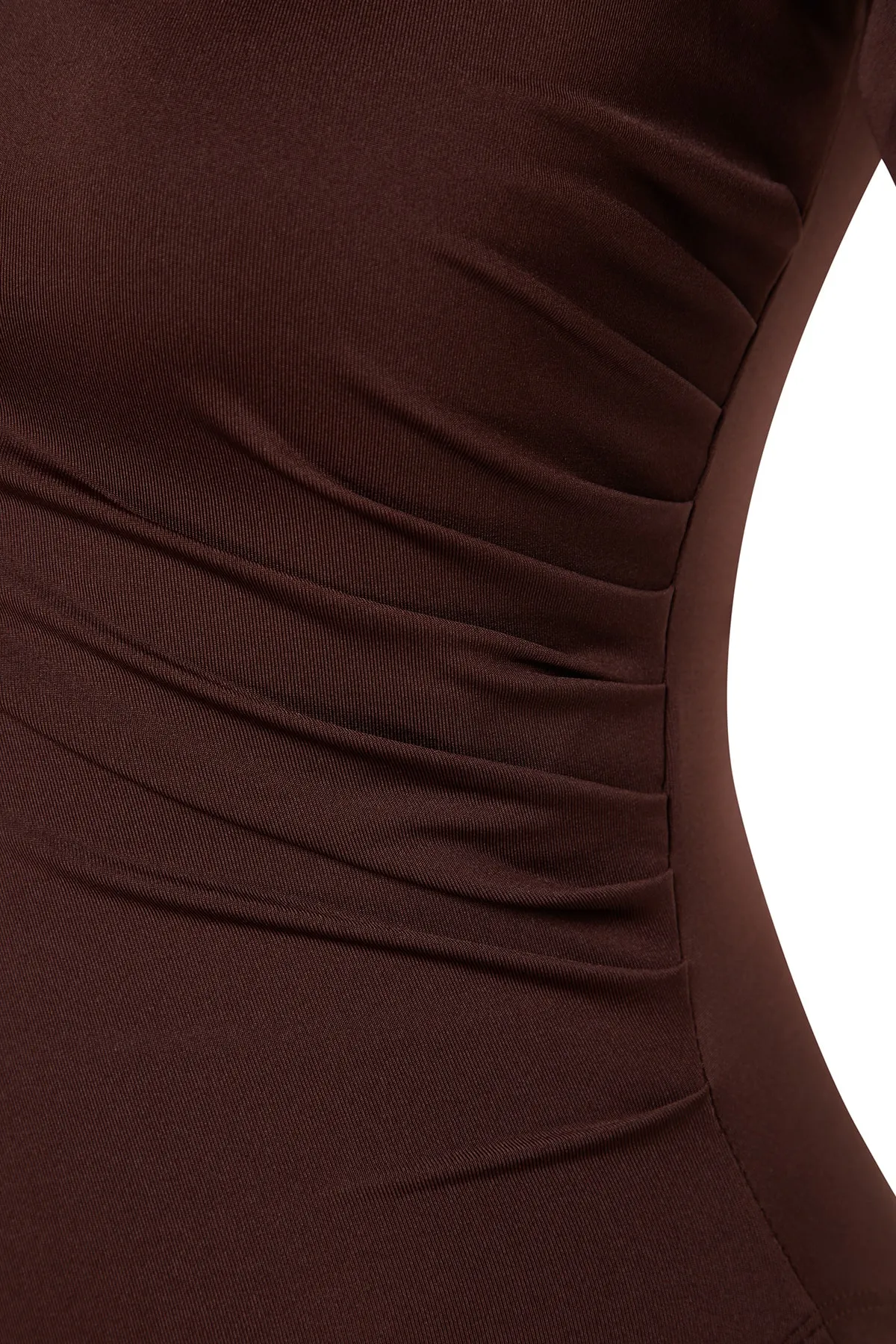 Trendyol Collection  Brauner Stretch-Strickbody mit Stehkragen und Druckknöpfen, gerafftem Detail TWOAW24BD00014