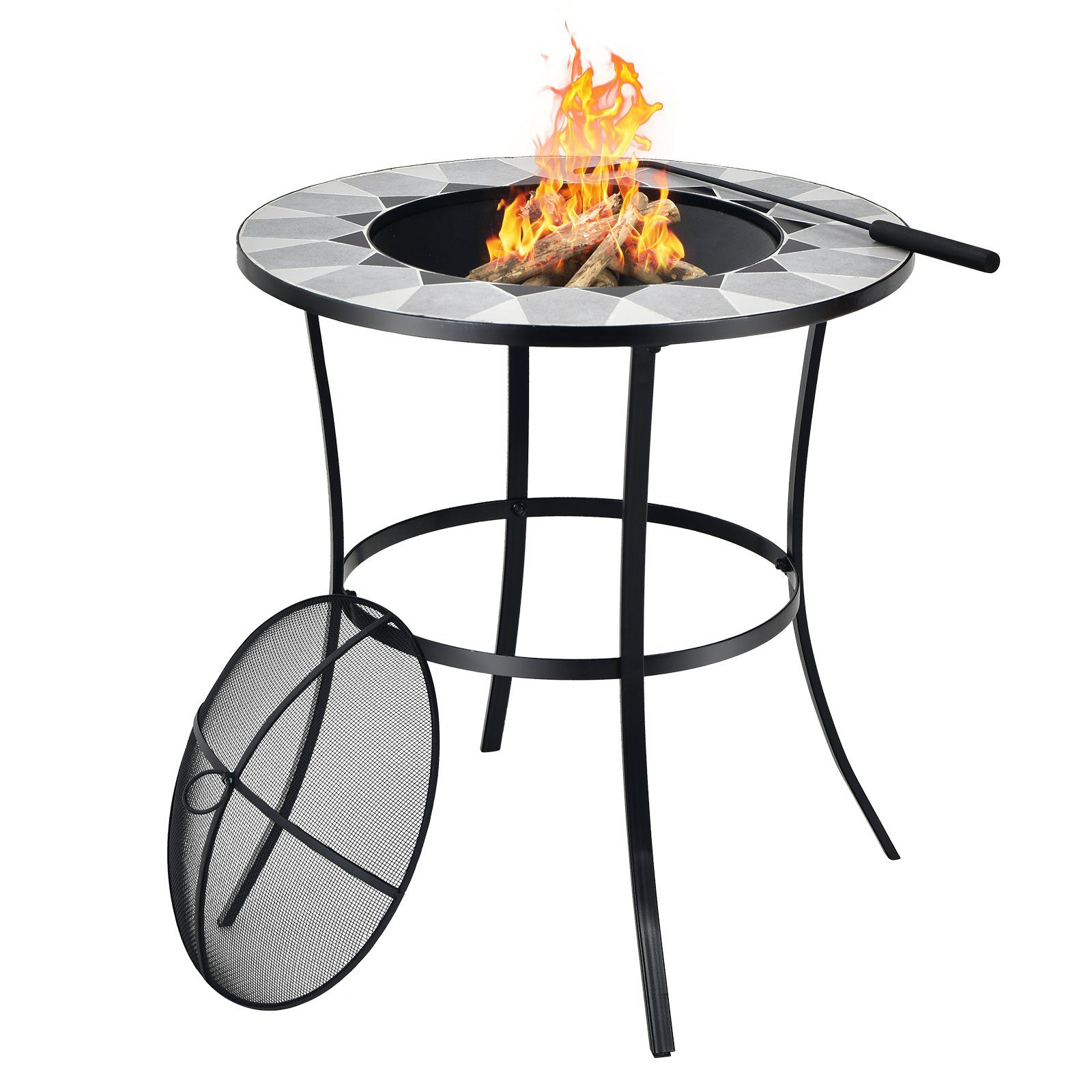 COSTWAY Feuerschale Feuerstelle, Feuertisch, mit Deckel & Feuerschürhaken