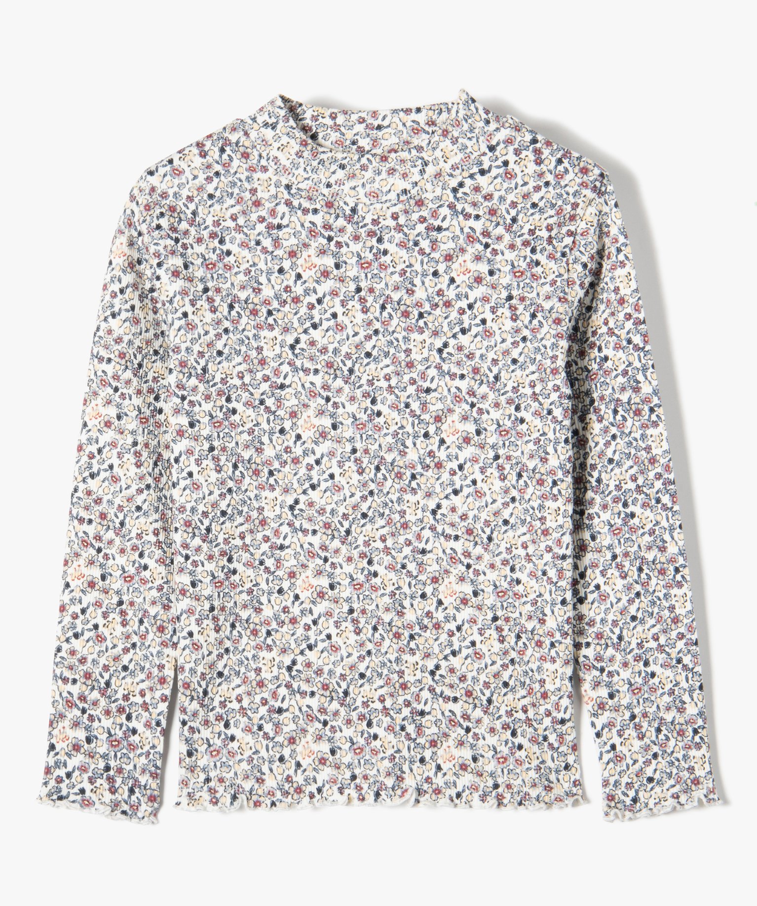 Tee-shirt fille en maille ctelée fleurie et col montant à manches longues