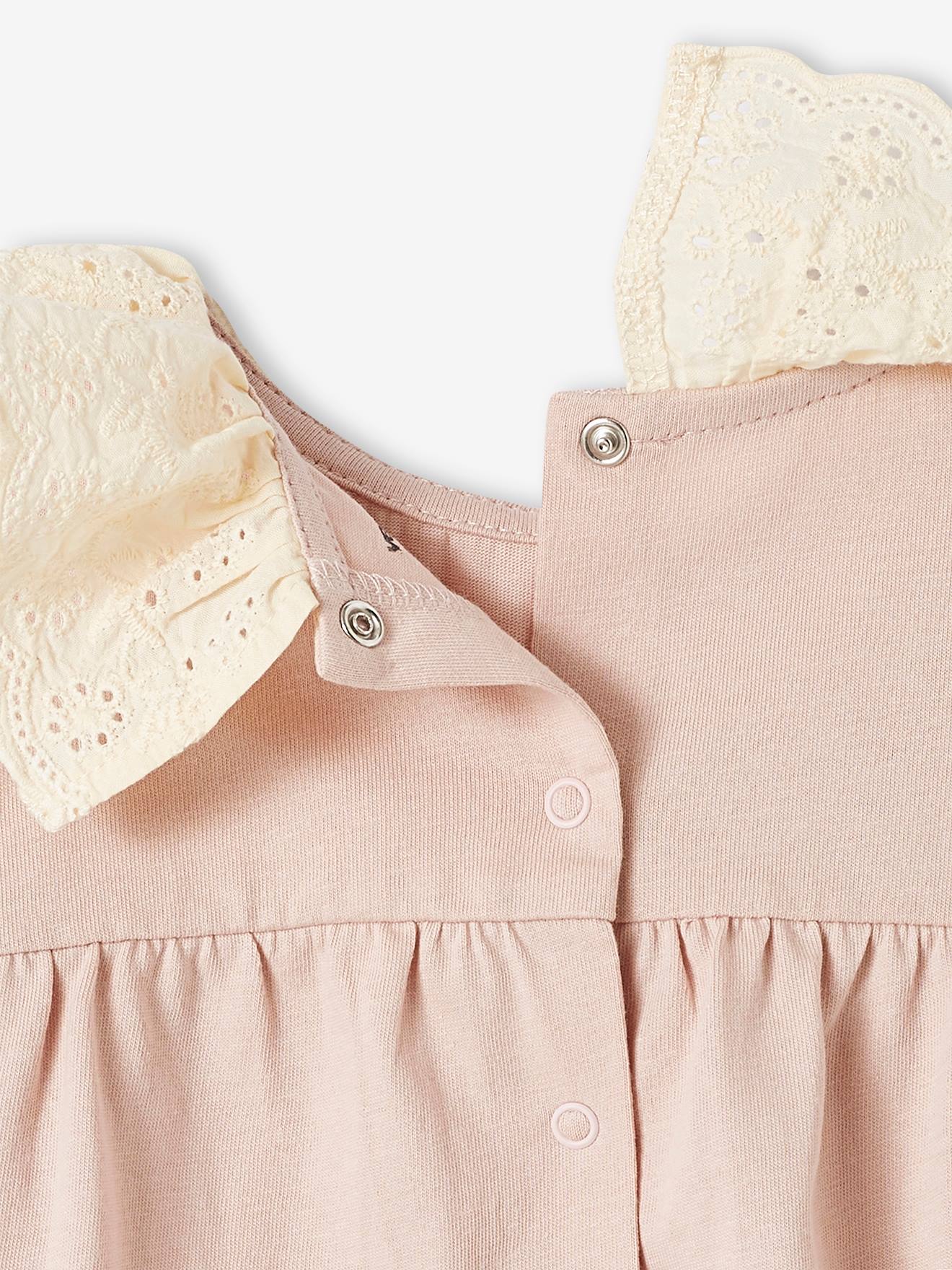 Tee-shirt col en broderie anglaise bébé manches longues rose pâle