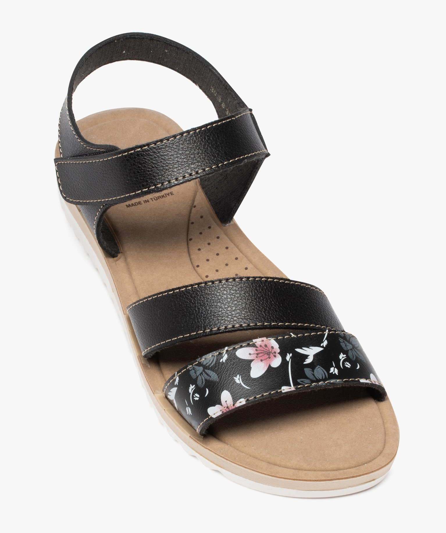 Sandales femme à motif floral et bride à scratch noir | GEMO