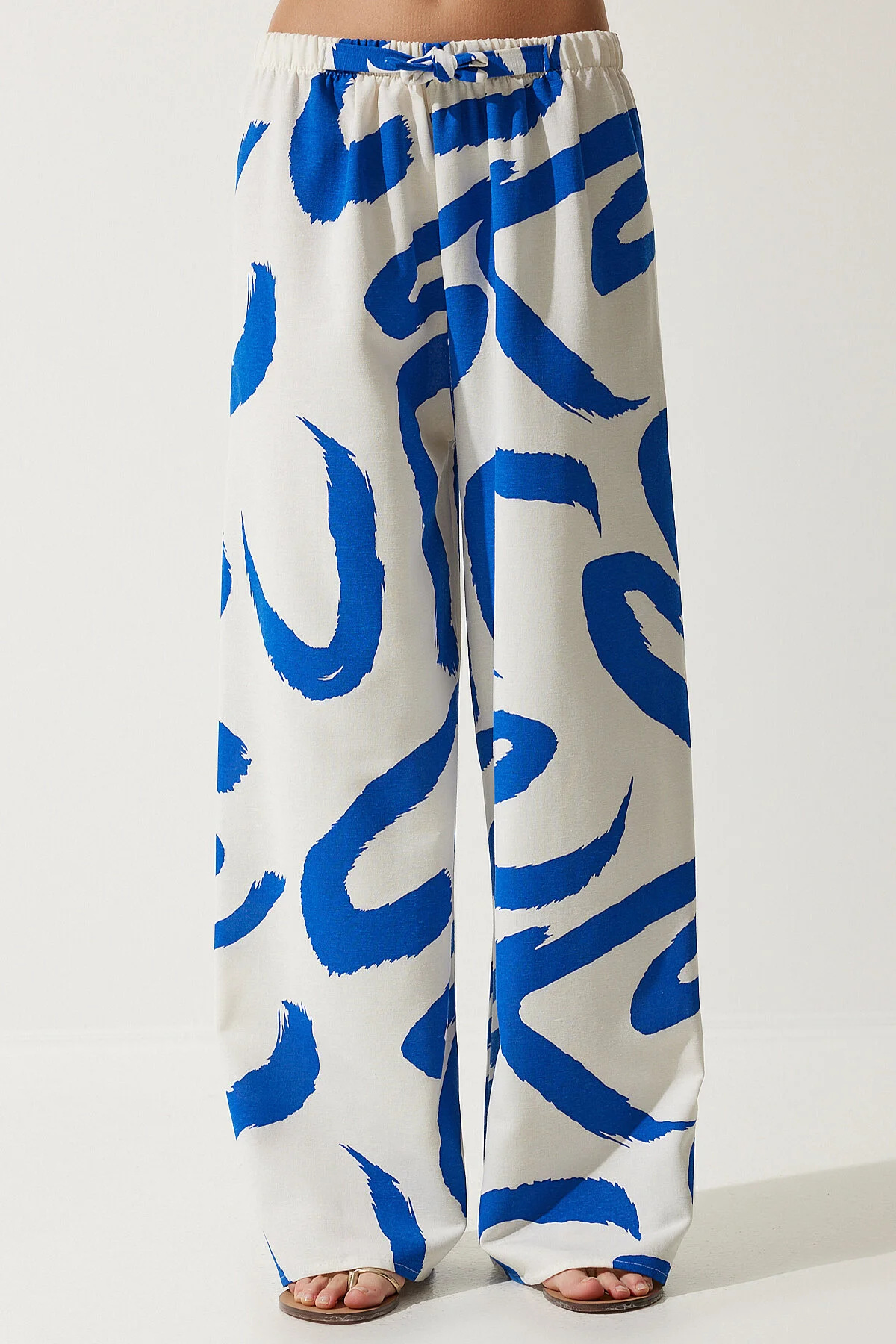 Happiness İstanbul  Weiß-blau gemusterte Palazzo-Hose aus Rohleinen für Damen BH00397