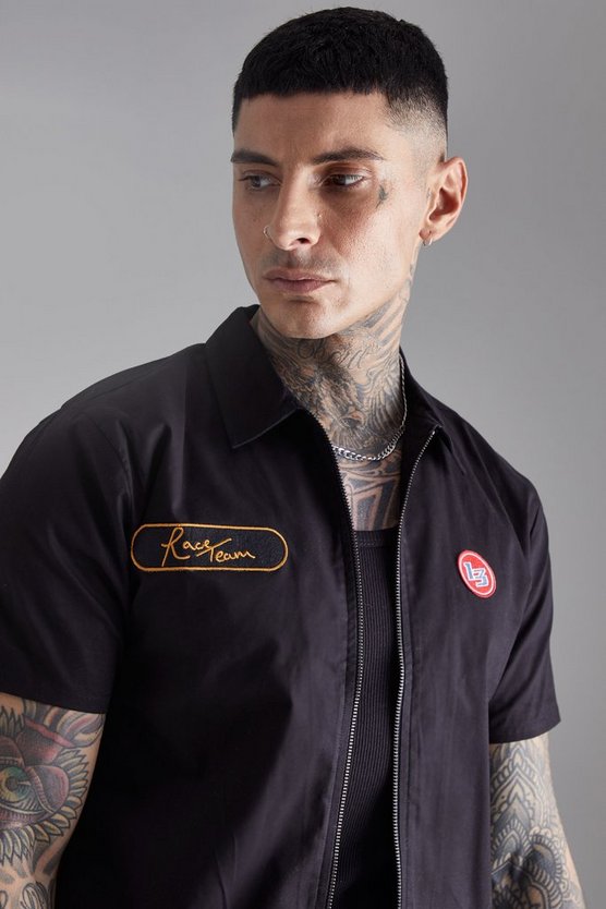 Tall kurzärmliges Twill Moto-Hemd mit Reißverschluss
